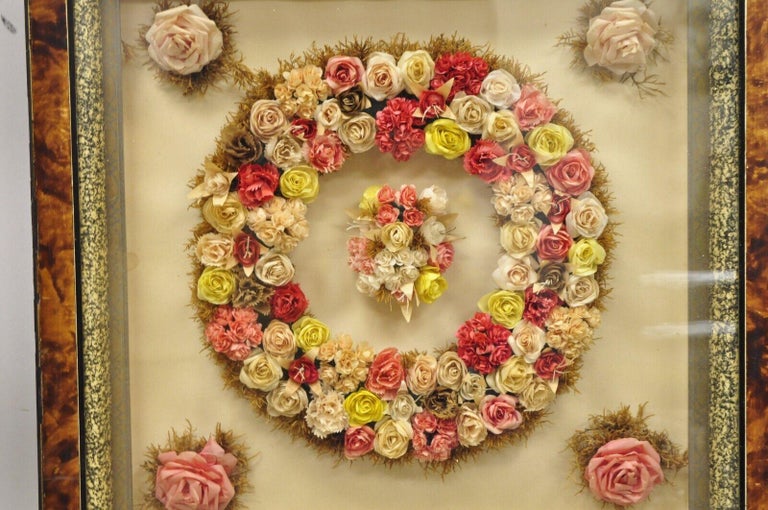Antique Victorian Paper Mache Flower Mourning Wreath Shadow Box Frame