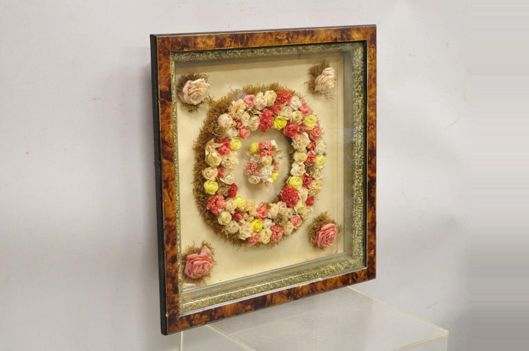 Antique Victorian Paper Mache Flower Mourning Wreath Shadow Box Frame