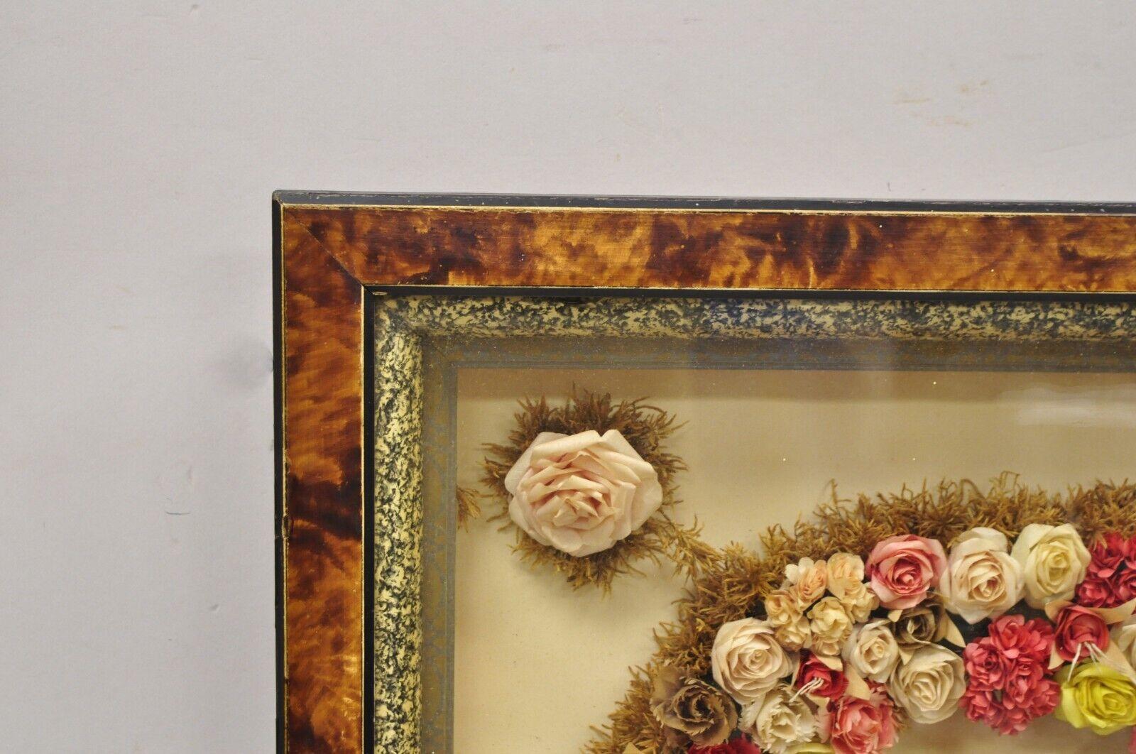 Antique Victorian Paper Mache Flower Mourning Wreath Shadow Box Frame Oddity In Good Condition For Sale In Philadelphia, PA