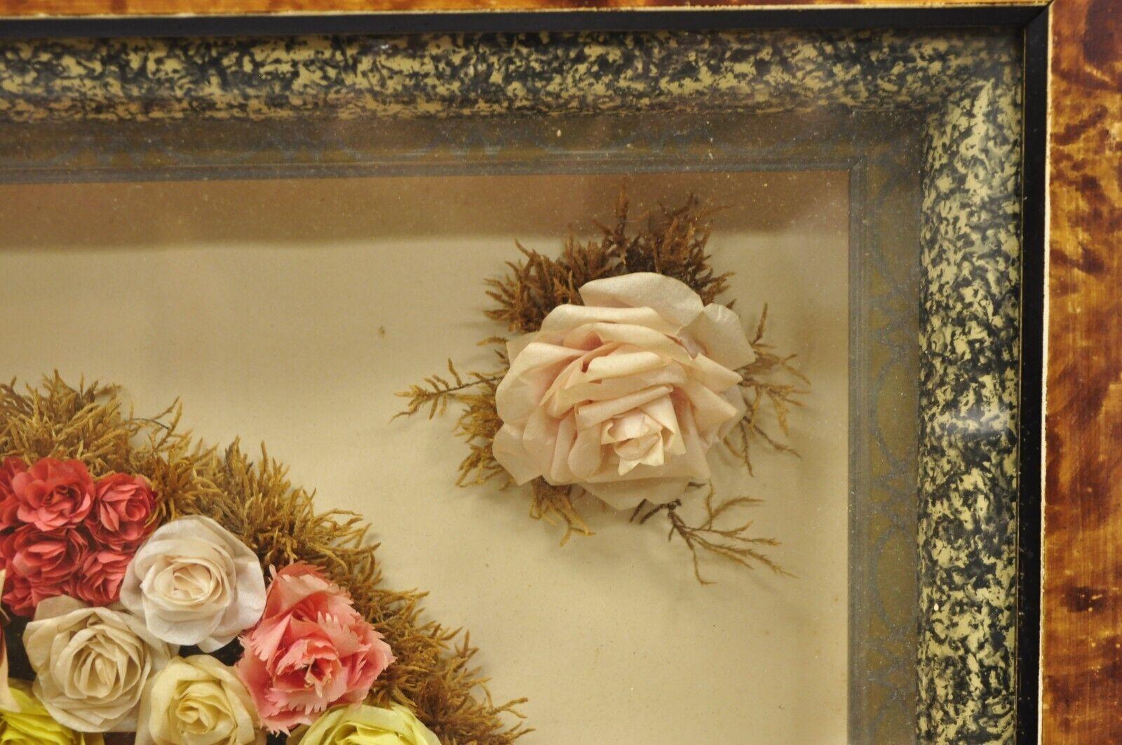 19th Century Antique Victorian Paper Mache Flower Mourning Wreath Shadow Box Frame Oddity For Sale