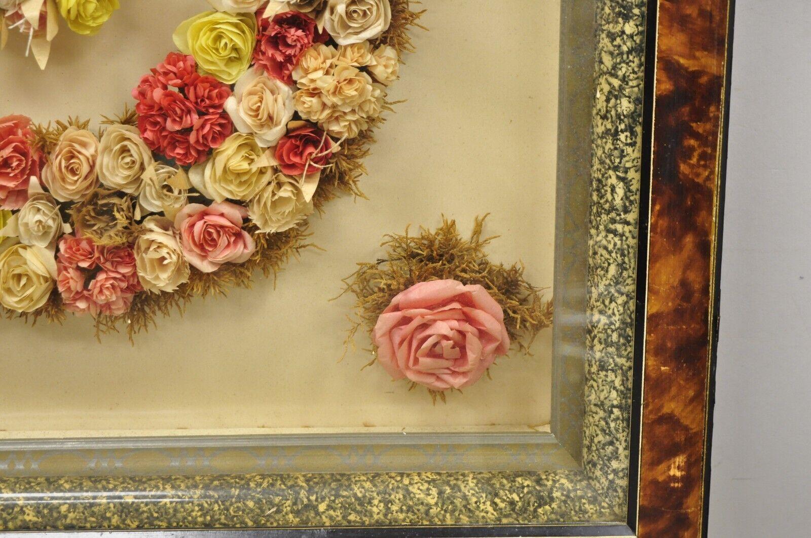 Glass Antique Victorian Paper Mache Flower Mourning Wreath Shadow Box Frame Oddity For Sale