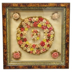 Antique Victorian Paper Mache Flower Mourning Wreath Shadow Box Frame Oddity