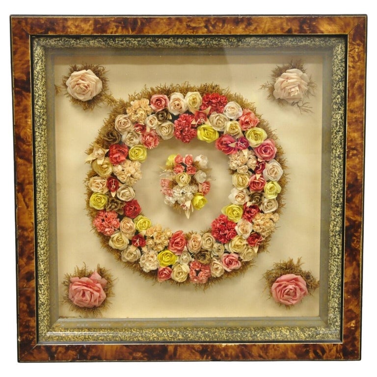 Antique Victorian Paper Mache Flower Mourning Wreath Shadow Box Frame