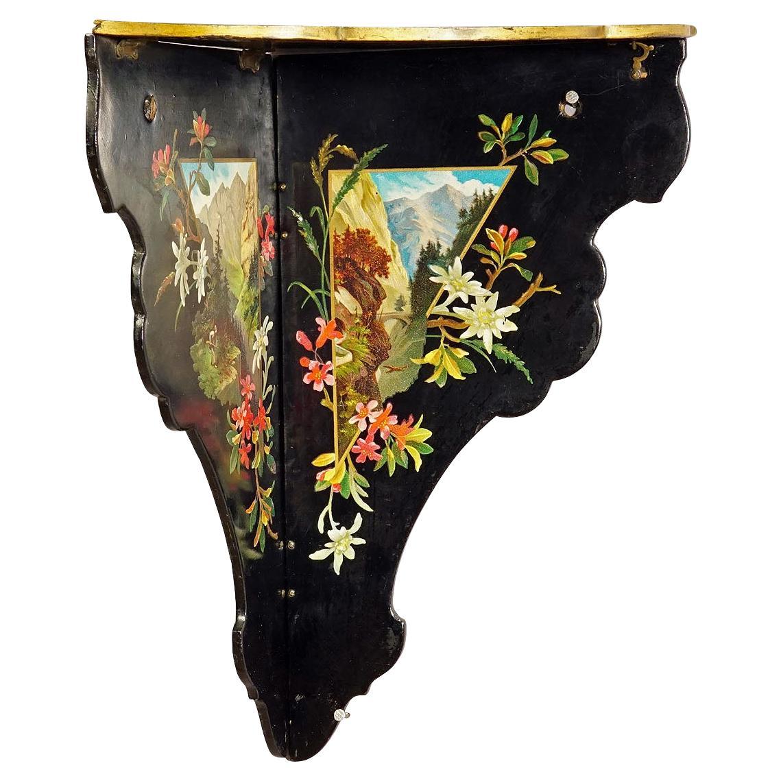 Ancienne étagère murale victorienne en papier mâché avec décoration Edelweiss en vente