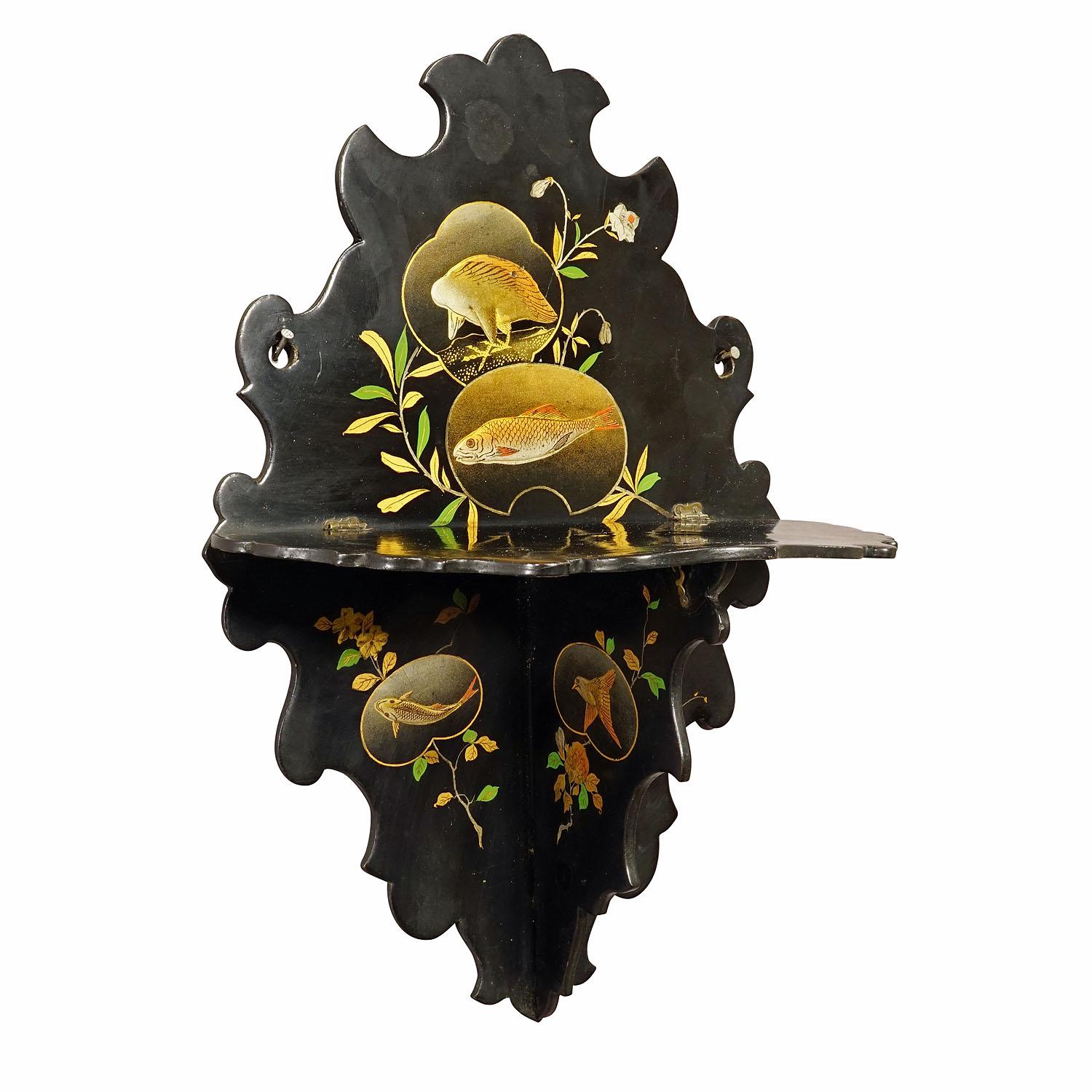 Antique Victorian Papier-Mâché Wall Shelve with Japonizing Decoration

A rare antique Papier-Mâché wall shelve with handpainted japonizing decoration featuring paintings of fishes and water plants. Manufactured in Germany, Black Forest in the 19th