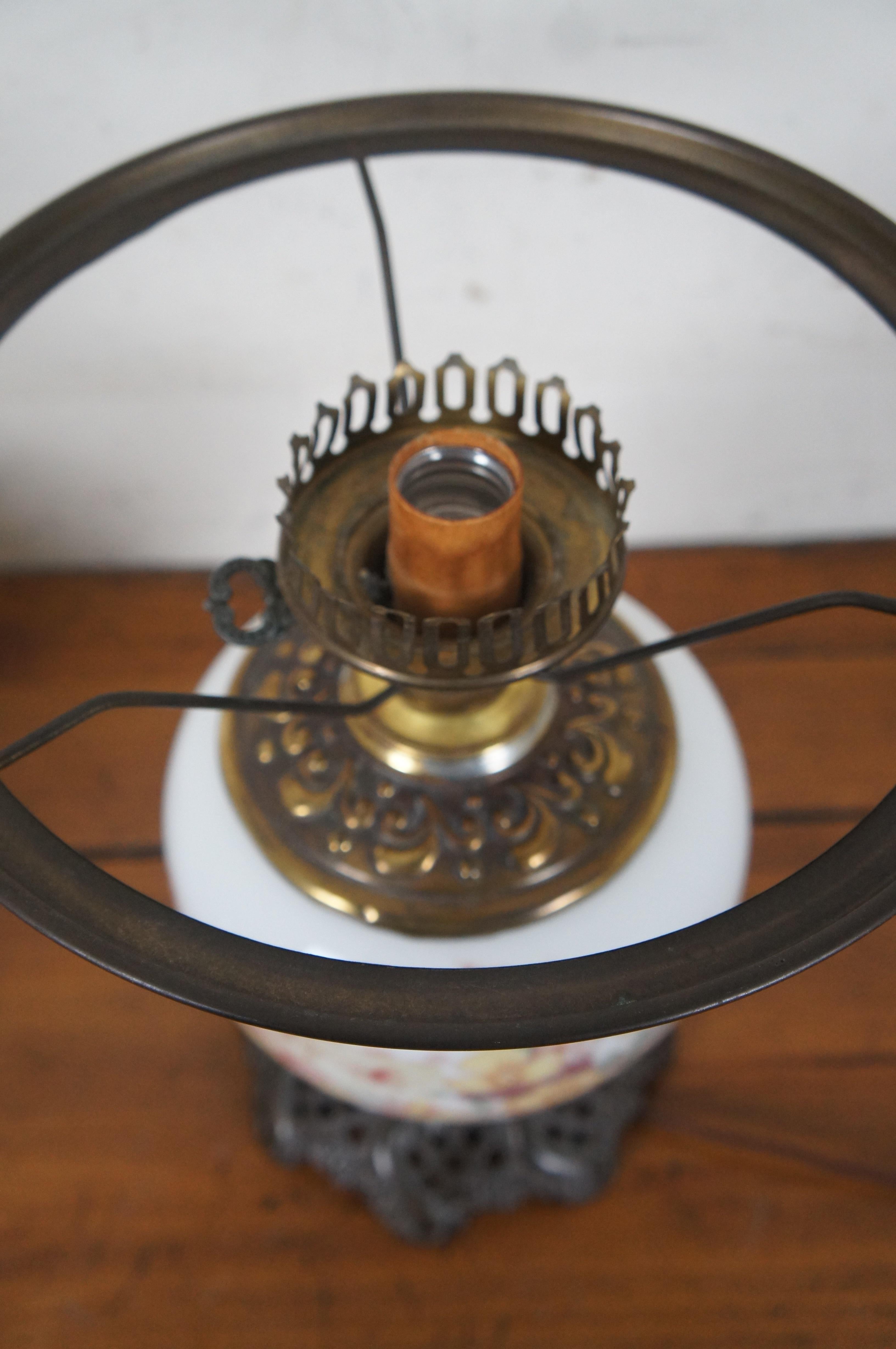 Antike viktorianische Parlor Gone mit Wind, umgewandelte Öllampe, geblümt, 18