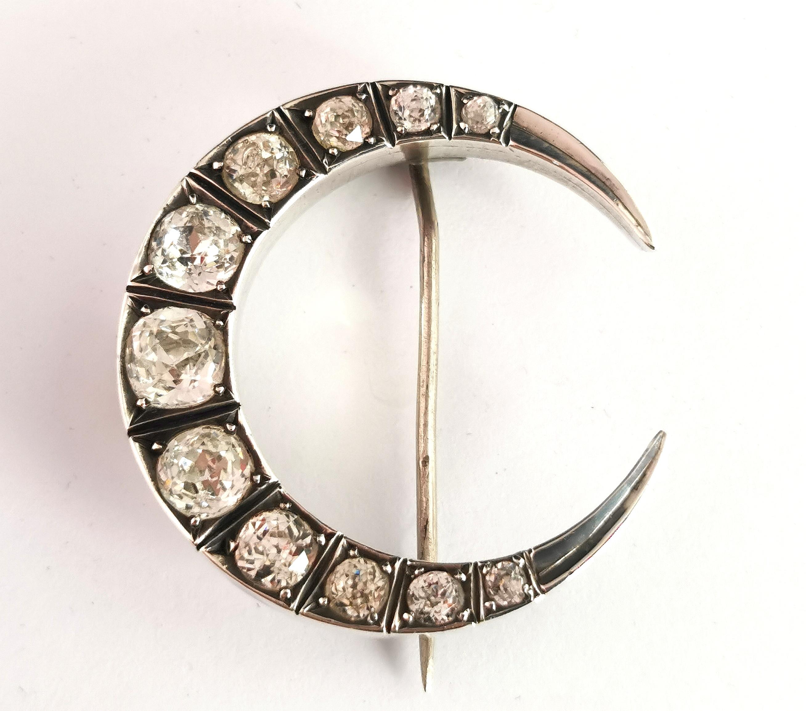 Antique Victorian Paste Crescent Brooch, Moon, Sterling Silver 3