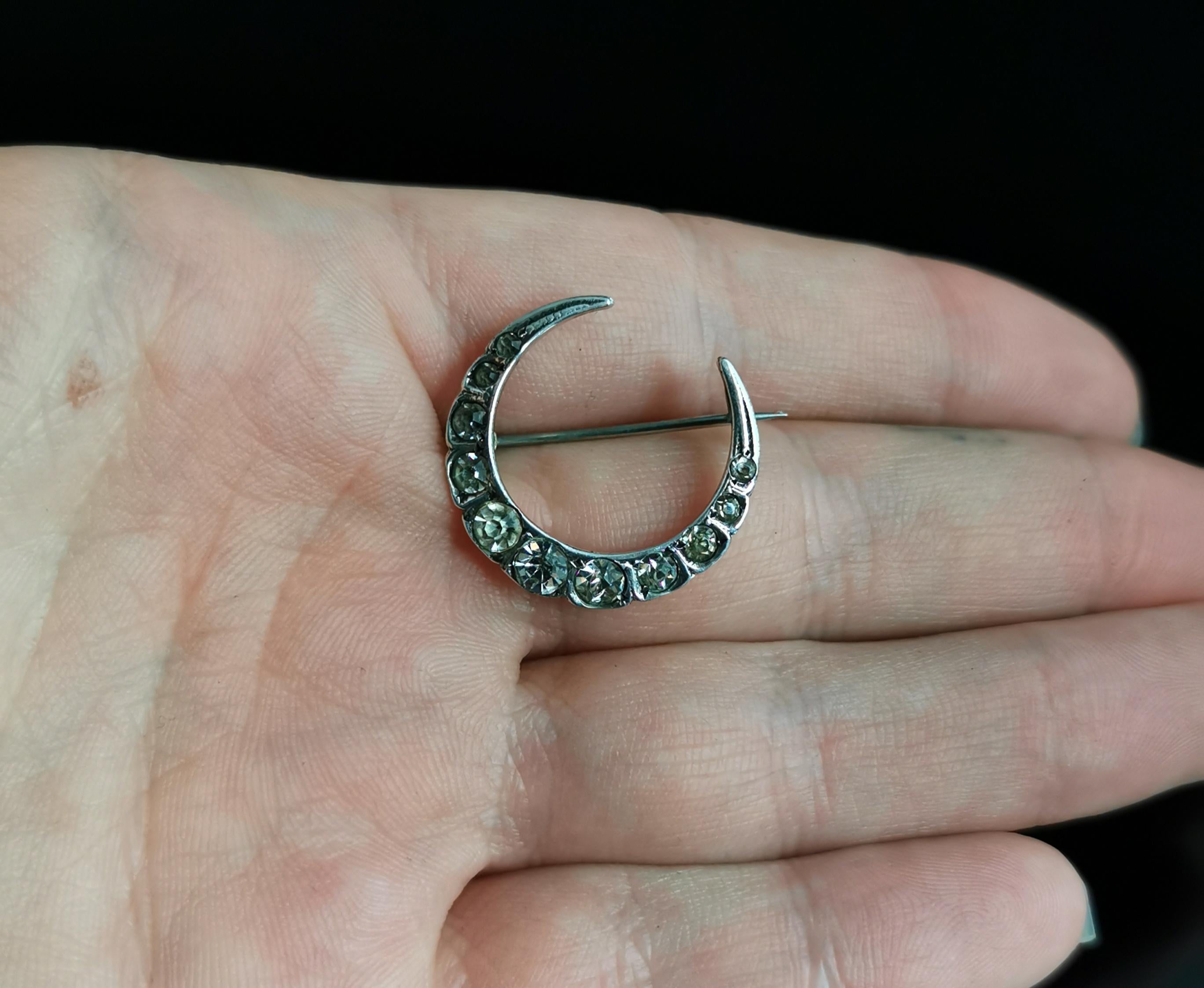 Antique Victorian Paste Crescent Brooch, Sterling Silver In Good Condition In NEWARK, GB