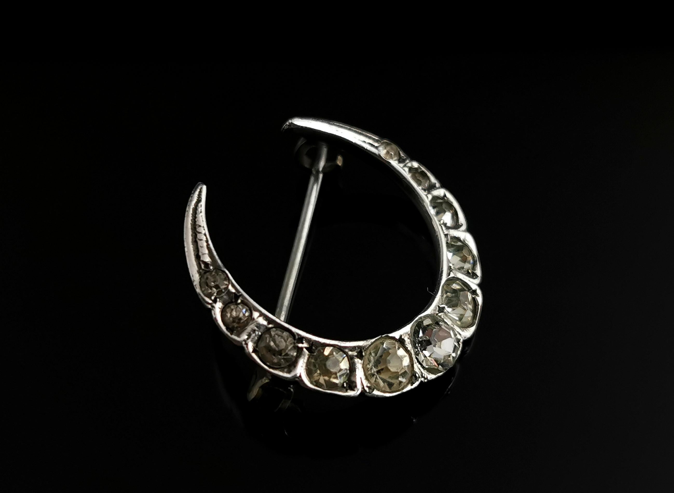 Women's Antique Victorian Paste Crescent Brooch, Sterling Silver