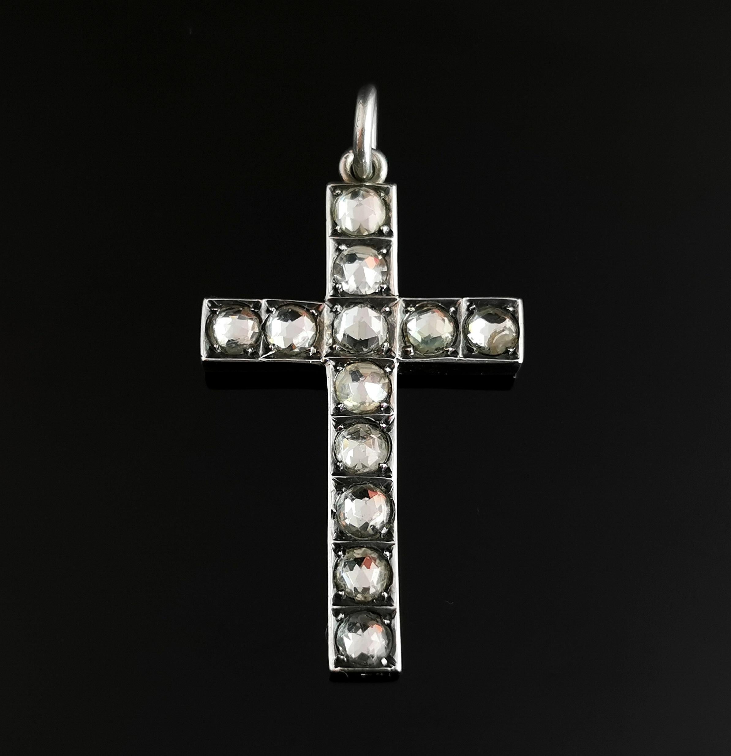 Antique Victorian Paste Cross Pendant, Sterling Silver 8