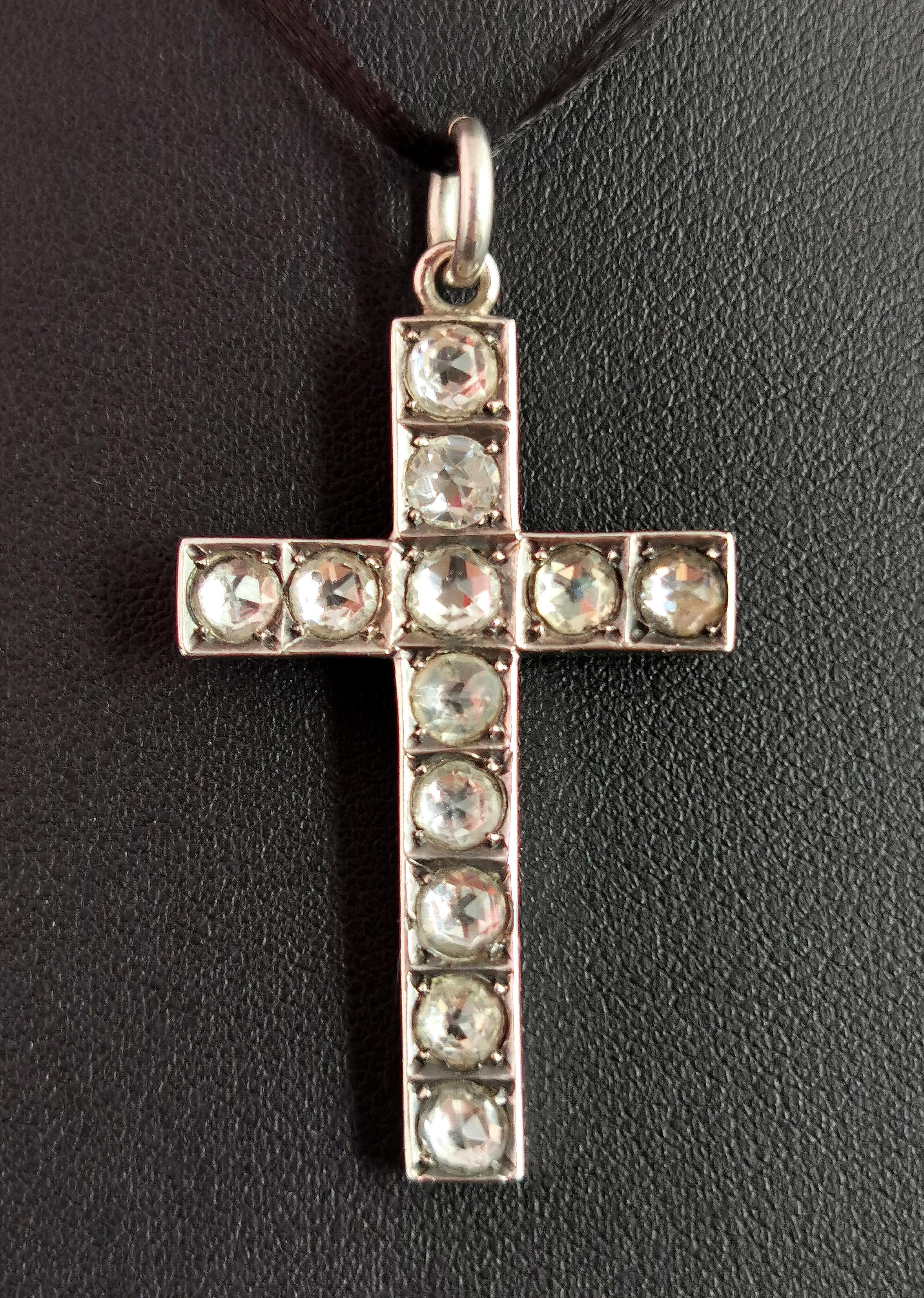 Antique Victorian Paste Cross Pendant, Sterling Silver In Good Condition In NEWARK, GB