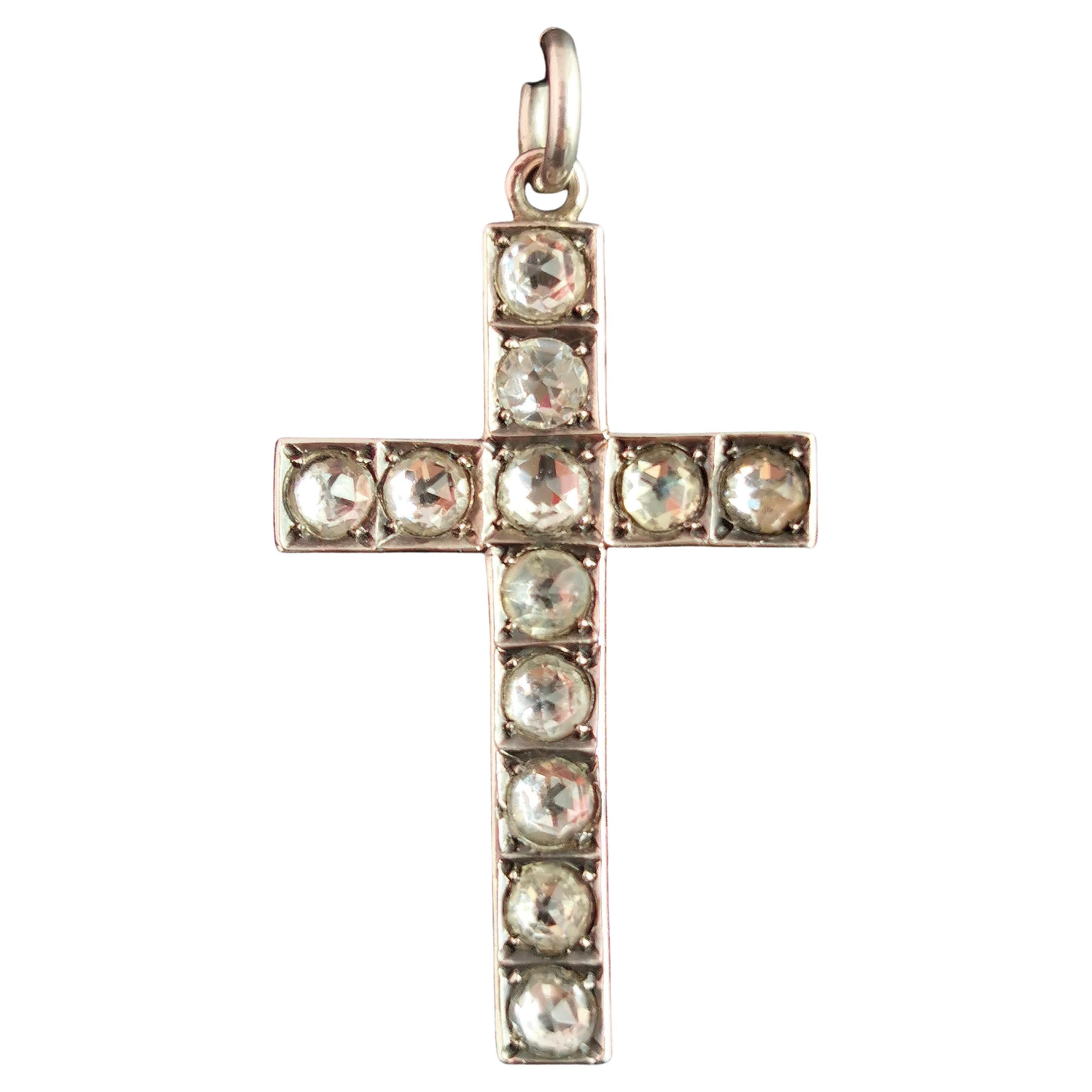 Antique Victorian Paste Cross Pendant, Sterling Silver