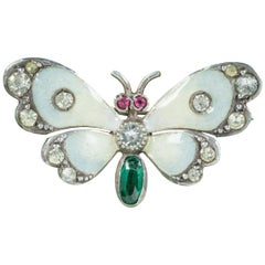 Antique Victorian Paste Emerald Butterfly Brooch Silver Dated 1902