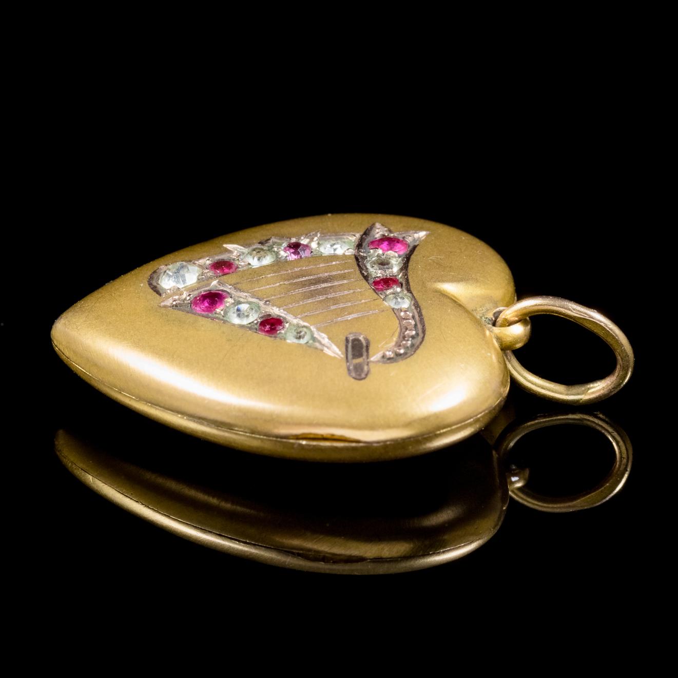 Women's Antique Victorian Paste Lyre Heart Locket 9 Carat Gold Back and Front For Sale