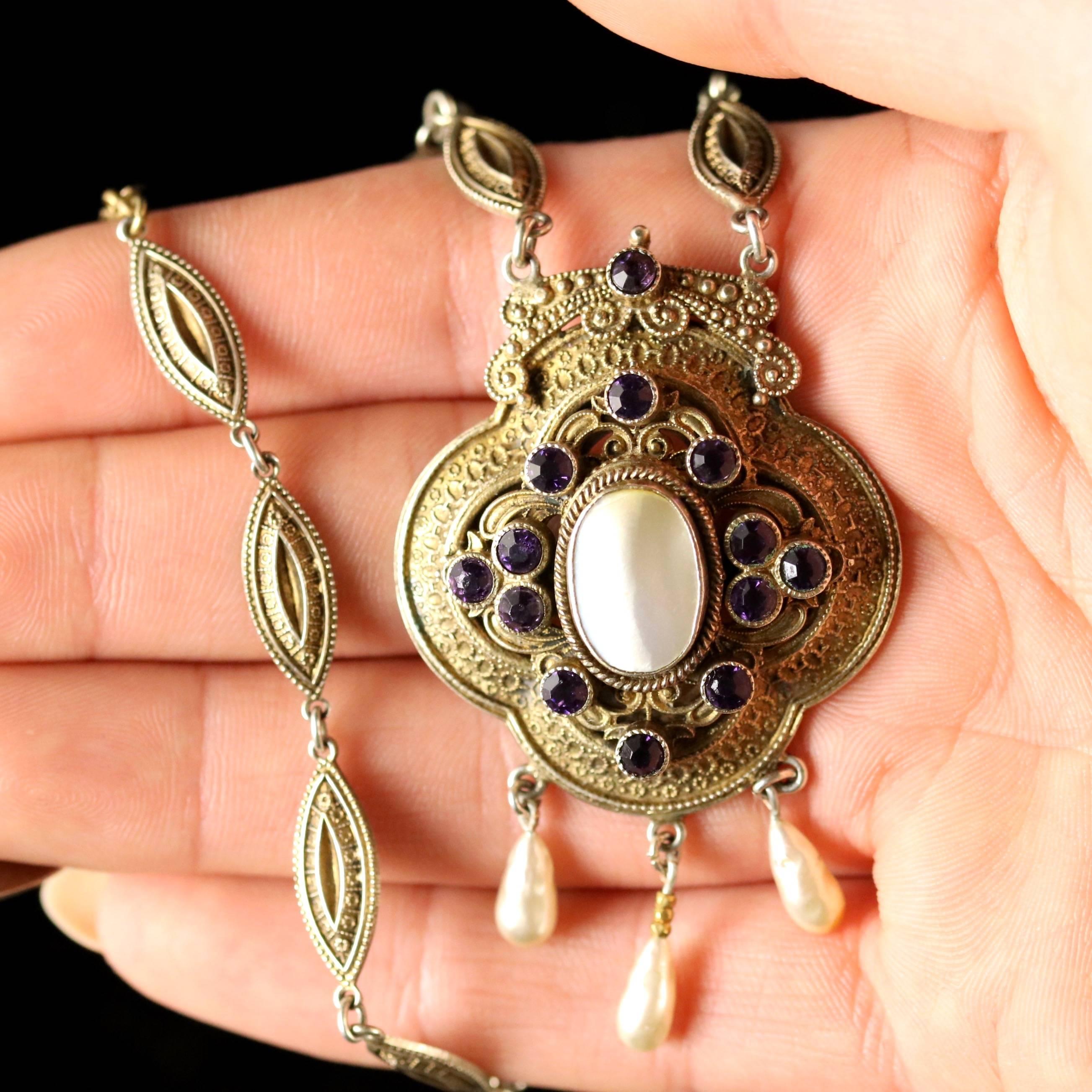 Antique Victorian Paste Stone Blister Pearl Gold Necklace, circa 1900 For Sale 4