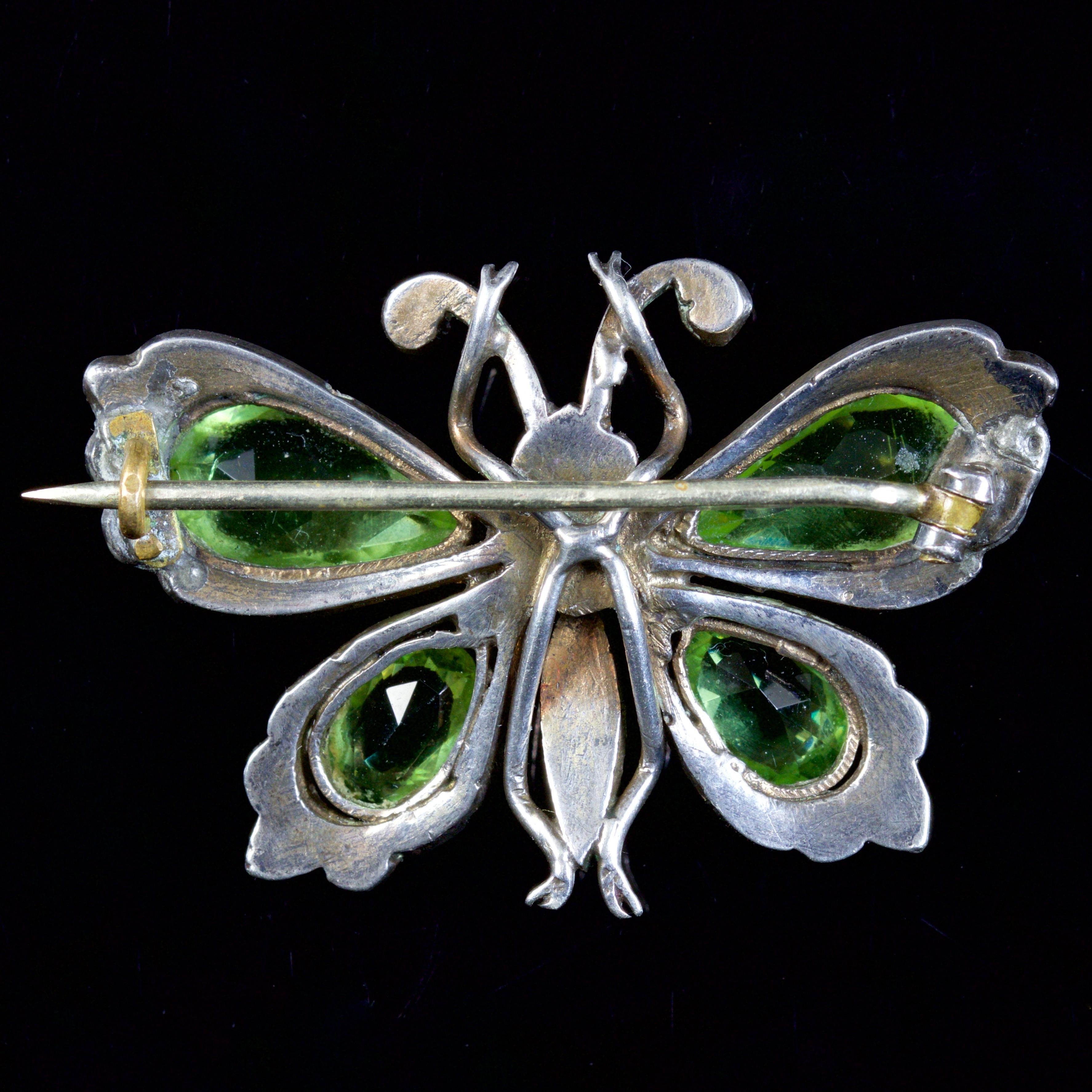 Women's Antique Victorian Paste Stone Butterfly Brooch Silver, circa 1880 For Sale
