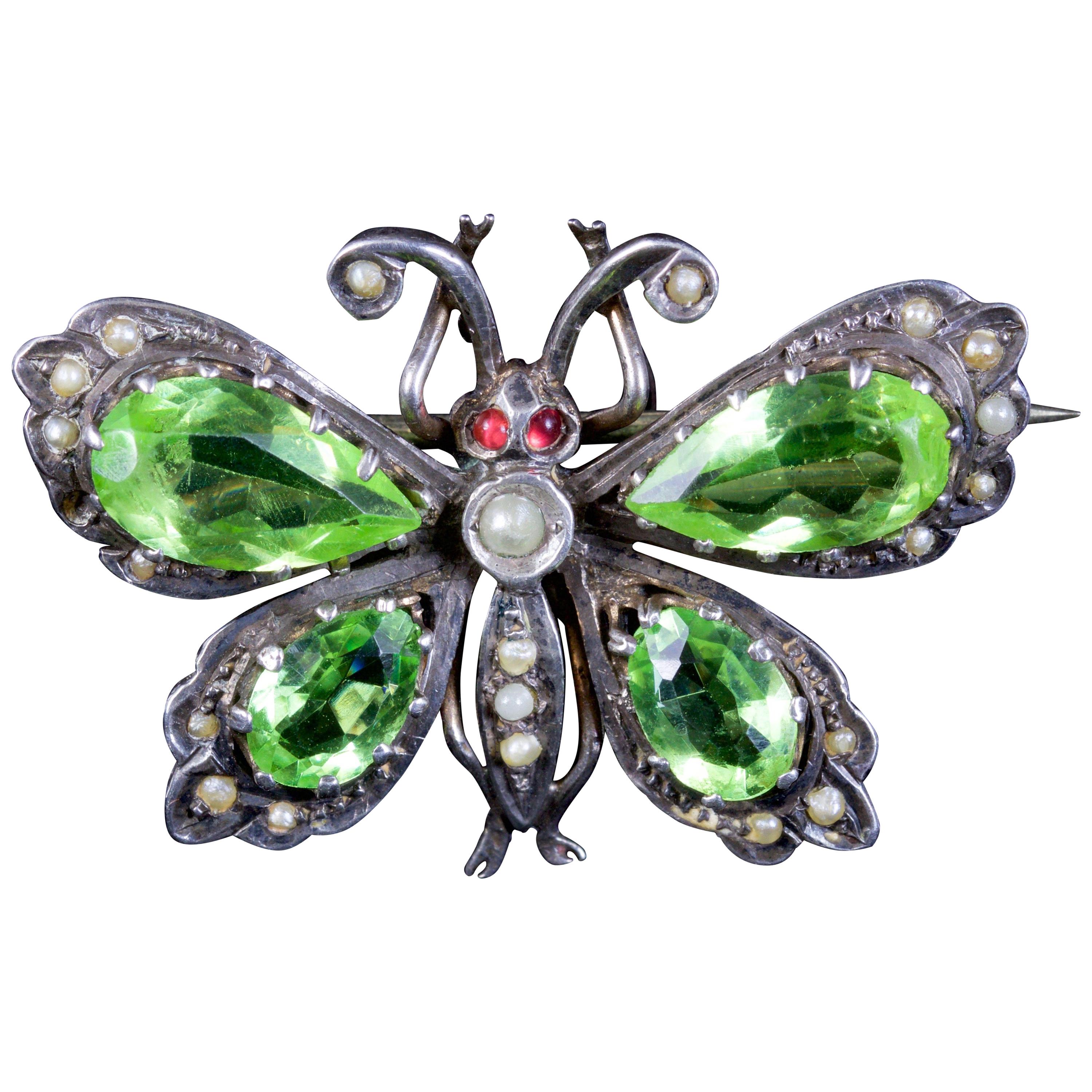 Antique Victorian Paste Stone Butterfly Brooch Silver, circa 1880 For Sale