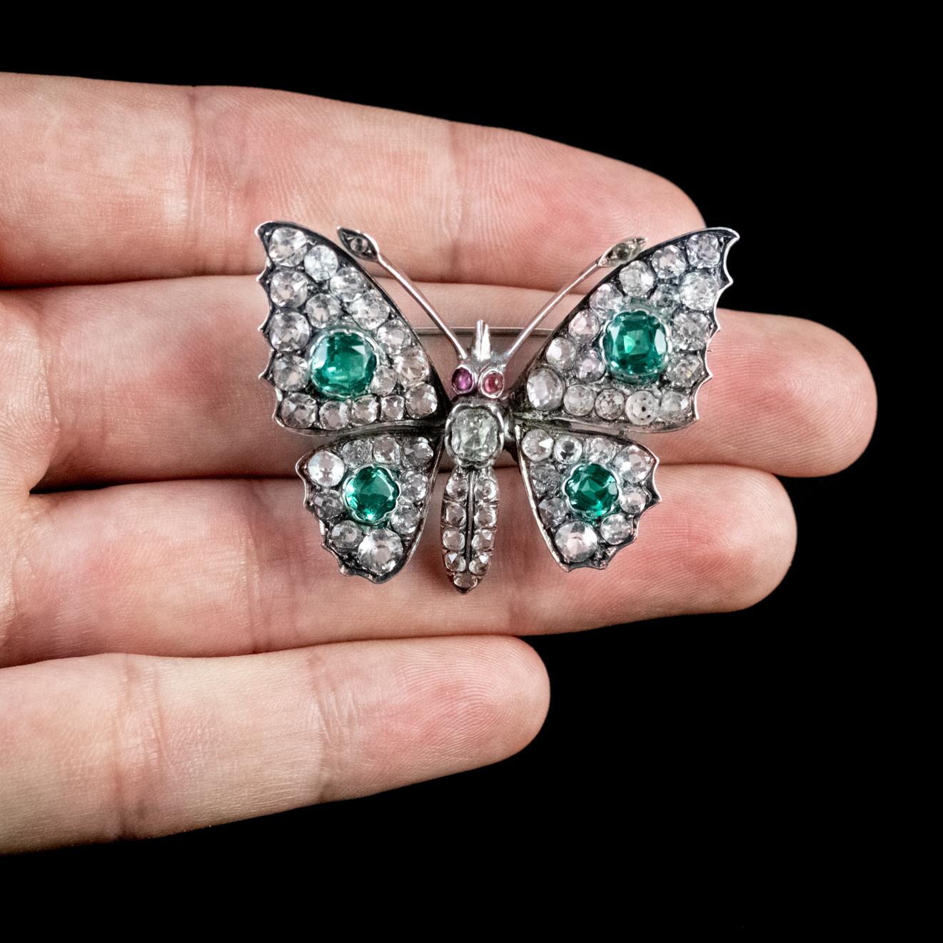 Women's Antique Victorian Paste Stone Butterfly Silver circa 1880 Brooch For Sale