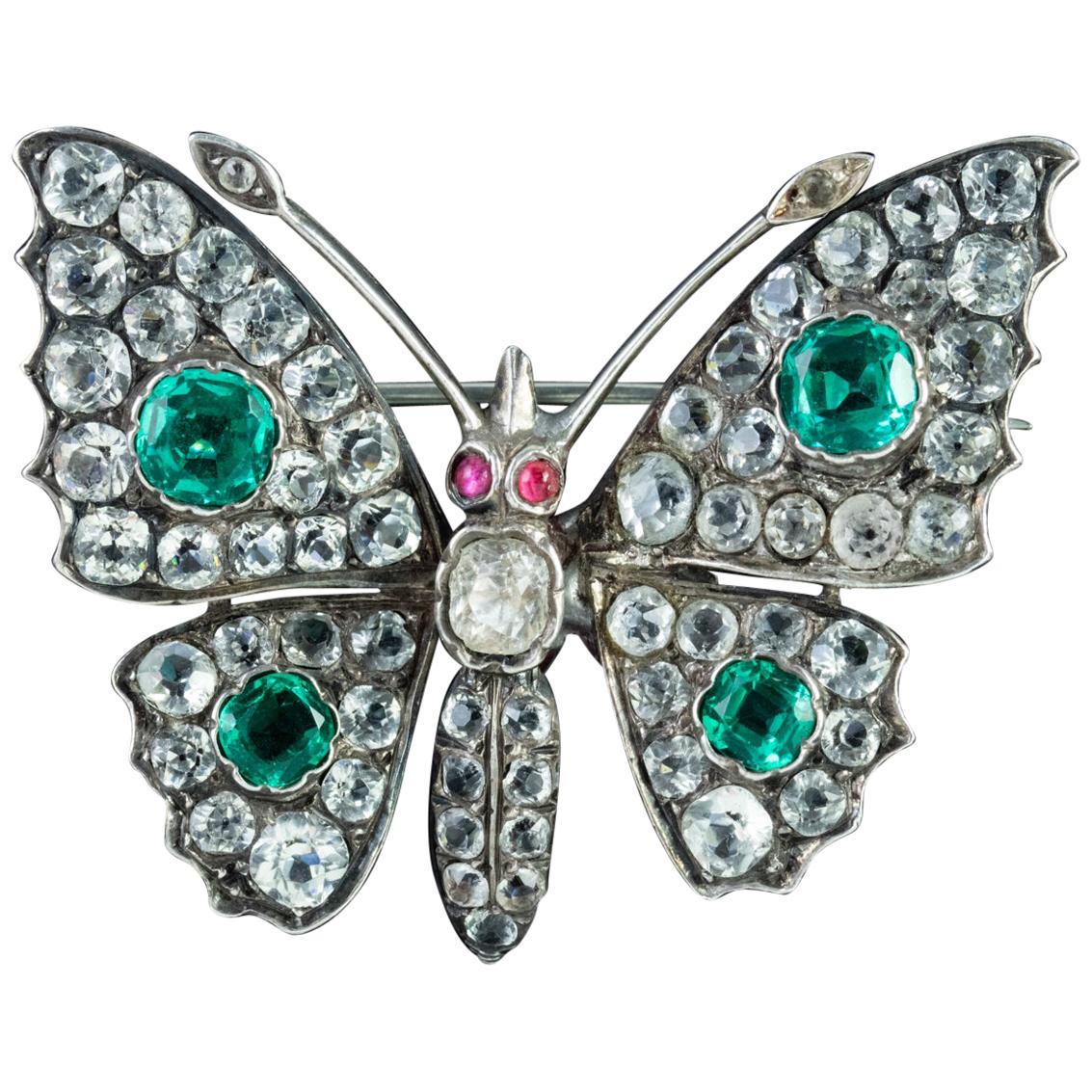 Antique Victorian Paste Stone Butterfly Silver circa 1880 Brooch For Sale