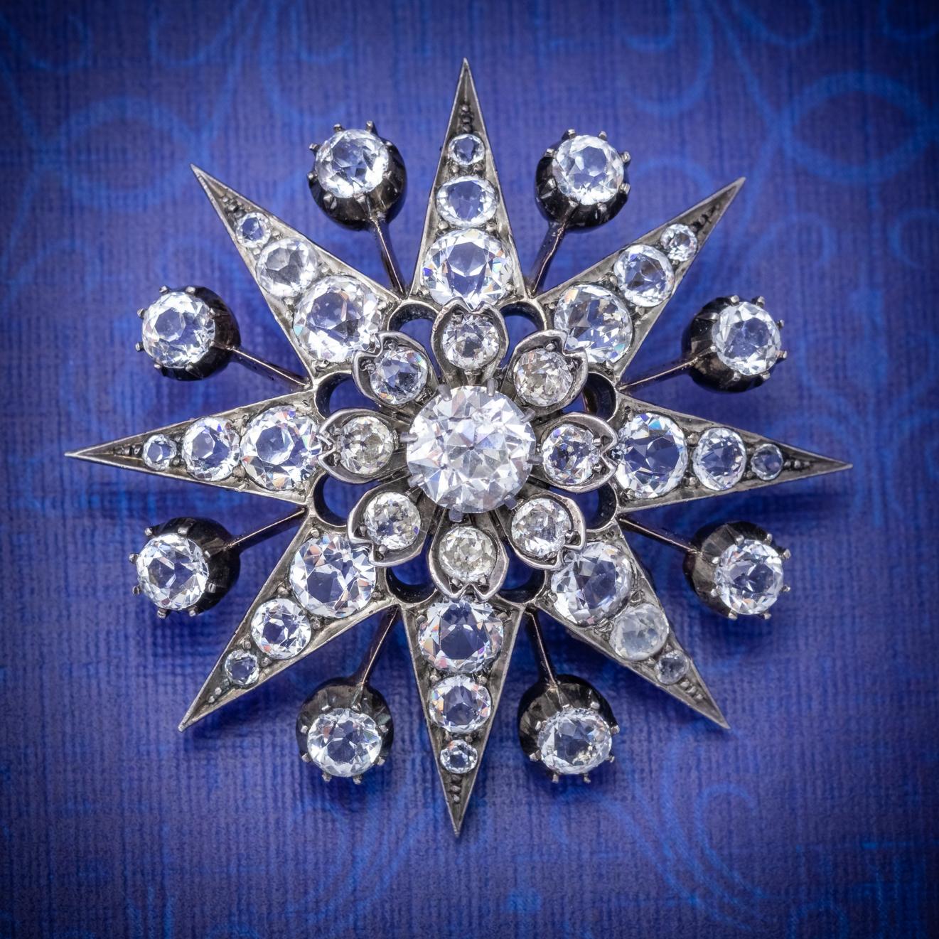 A wonderful antique Victorian six-pointed star brooch decorated with a sparkling array of Paste Stones that simulate Diamonds and shimmer beautifully in the light.

The Stones graduate in size from the centre out with the largest weighing