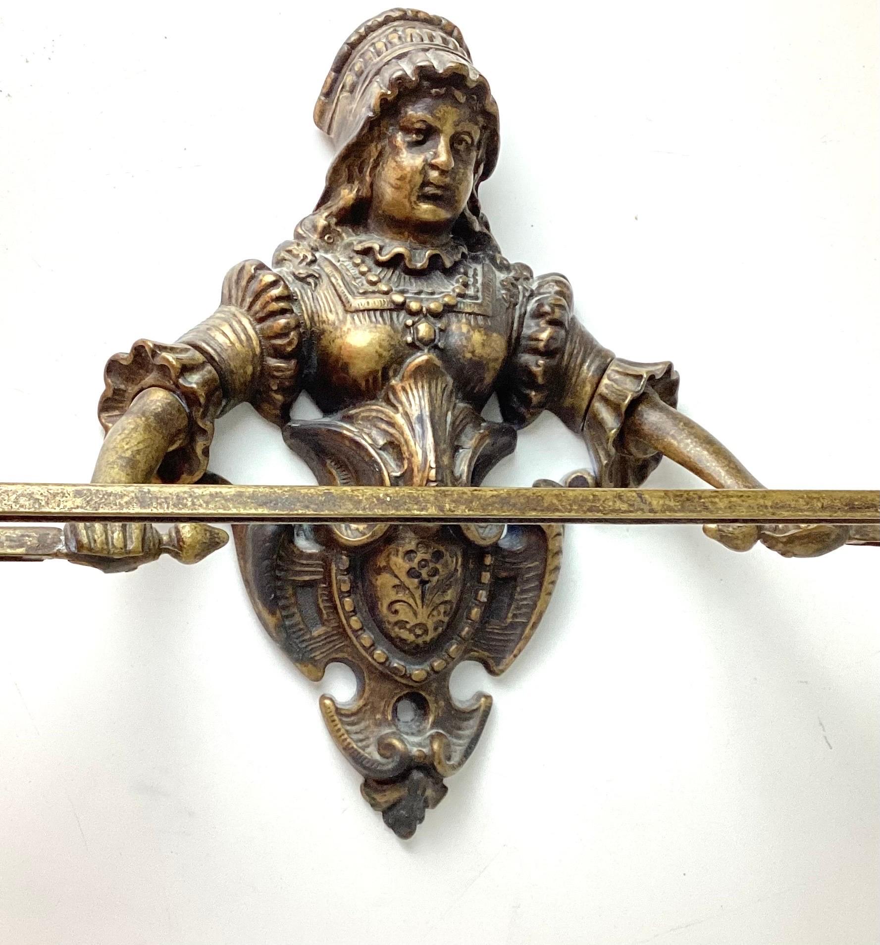 Unknown Antique Victorian Patinated Brass Towel Holder with Woman Holding Rack