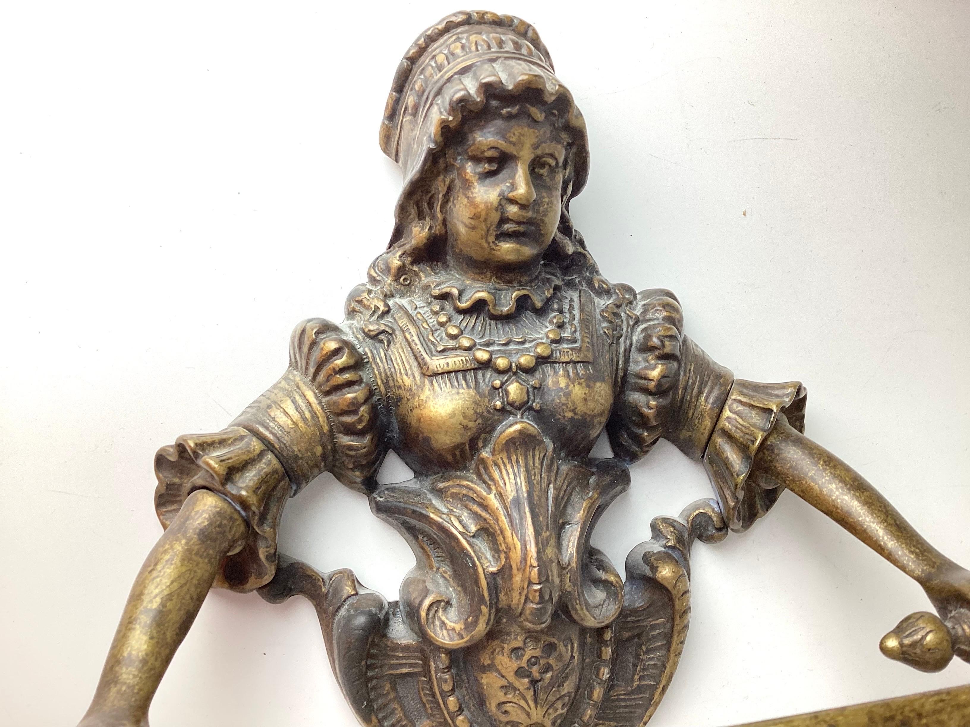 Antique Victorian Patinated Brass Towel Holder with Woman Holding Rack In Excellent Condition In Lambertville, NJ