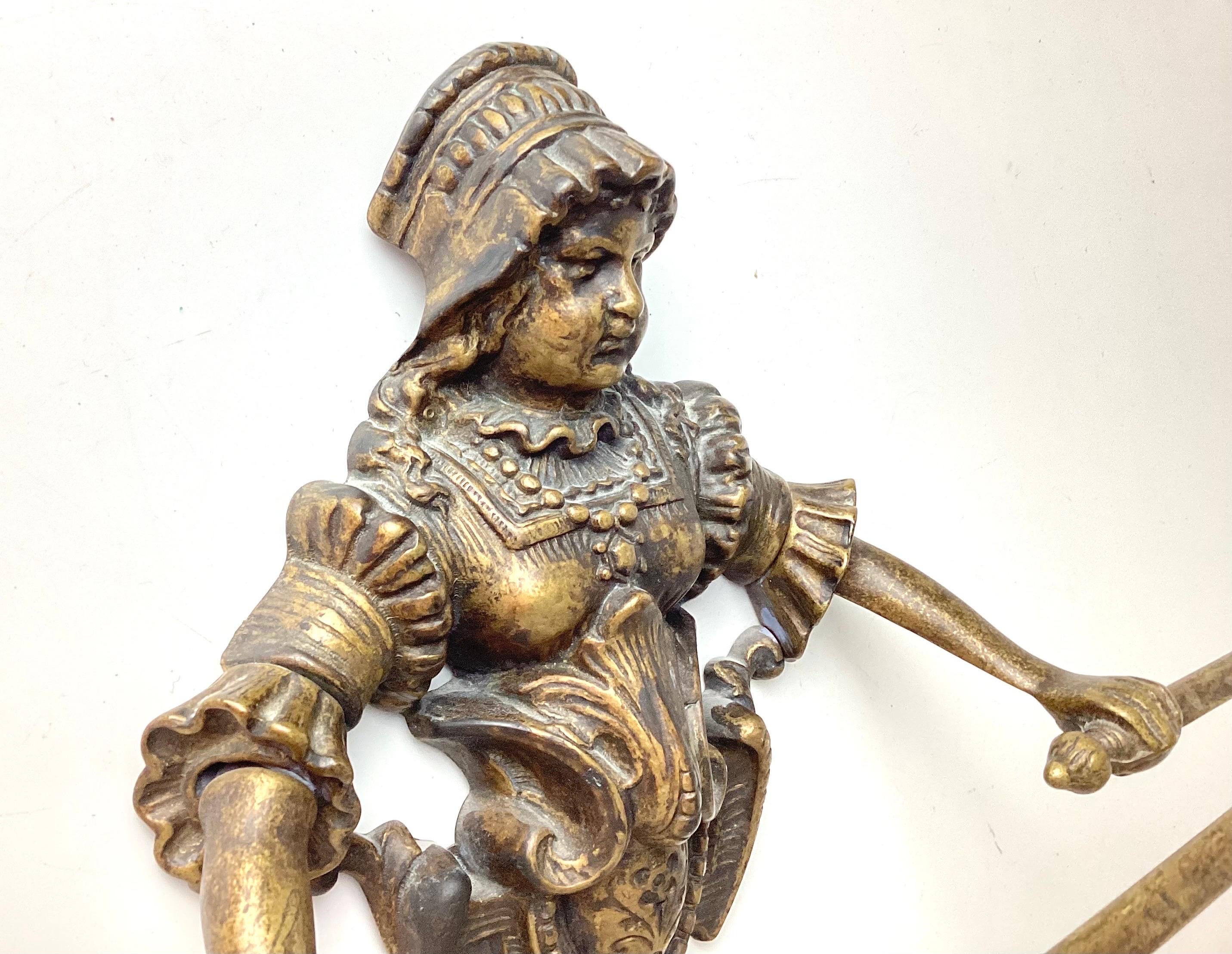 20th Century Antique Victorian Patinated Brass Towel Holder with Woman Holding Rack