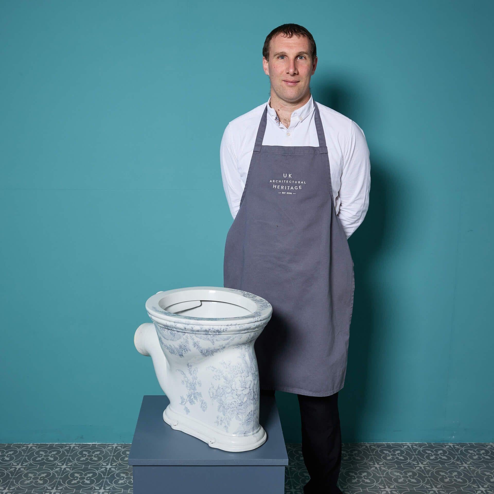 A good condition antique Victorian ‘Waterfall’ toilet with P-trap waste, decorated with a light grey-blue transfer print floral pattern, circa 1890.
 
This reclaimed toilet is a beautiful feature piece for a vintage cloakroom or traditional style