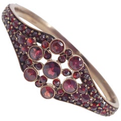 Antique Victorian Pave Garnet Hinged Bangle Bracelet in Sterling Silver