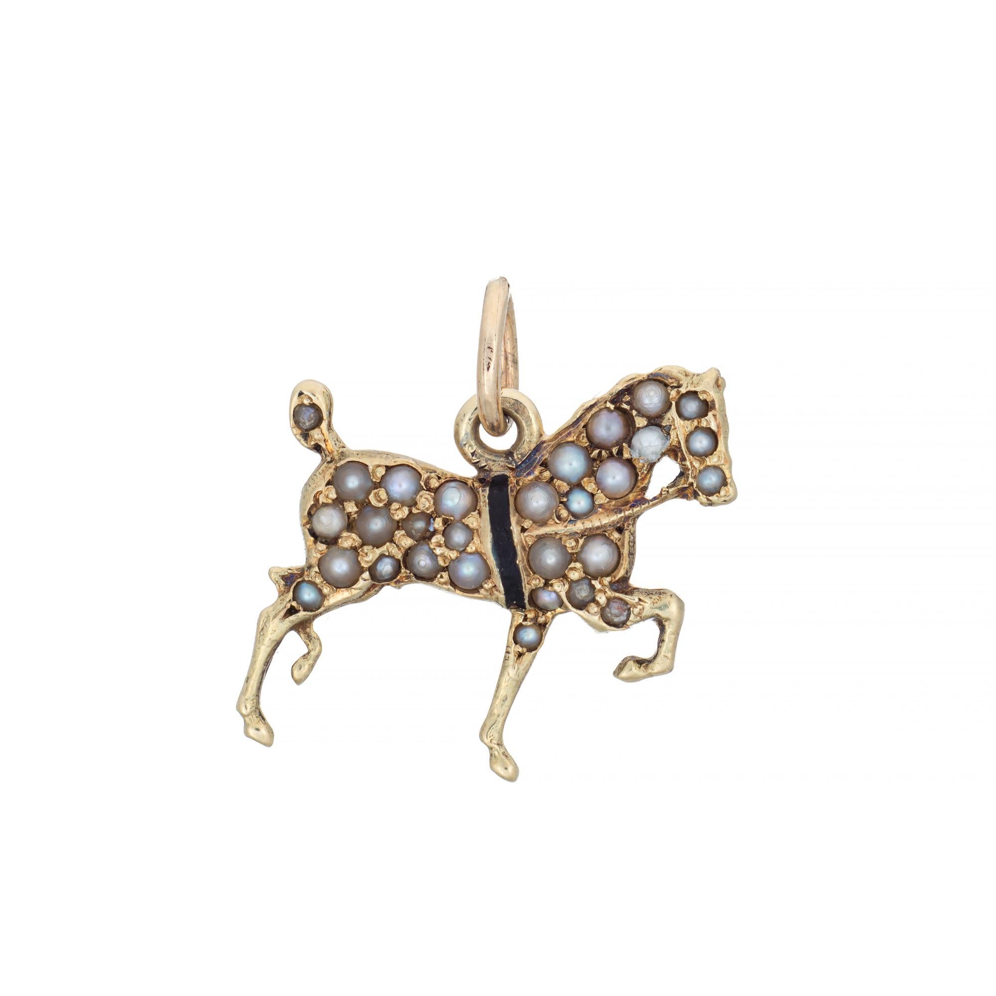 Round Cut Antique Victorian Pave Pearl Horse Charm 14k Yellow Gold Animal Pendant Enamel For Sale