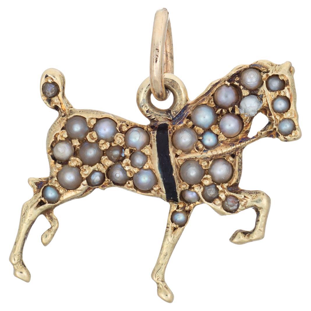 Antique Victorian Pave Pearl Horse Charm 14k Yellow Gold Animal Pendant Enamel For Sale