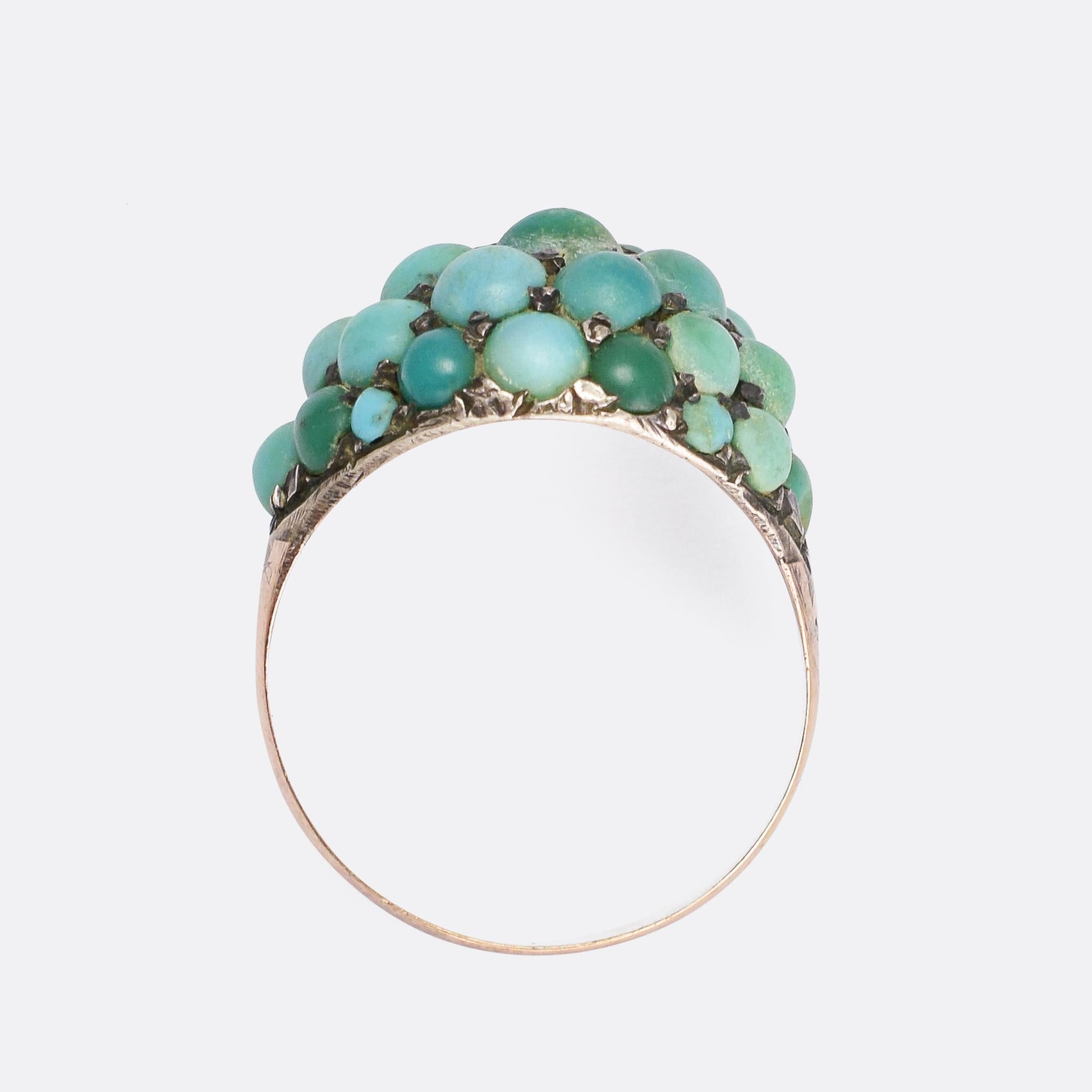 Antique Victorian Pavé Turquoise Bombé Ring In Fair Condition In Sale, Cheshire