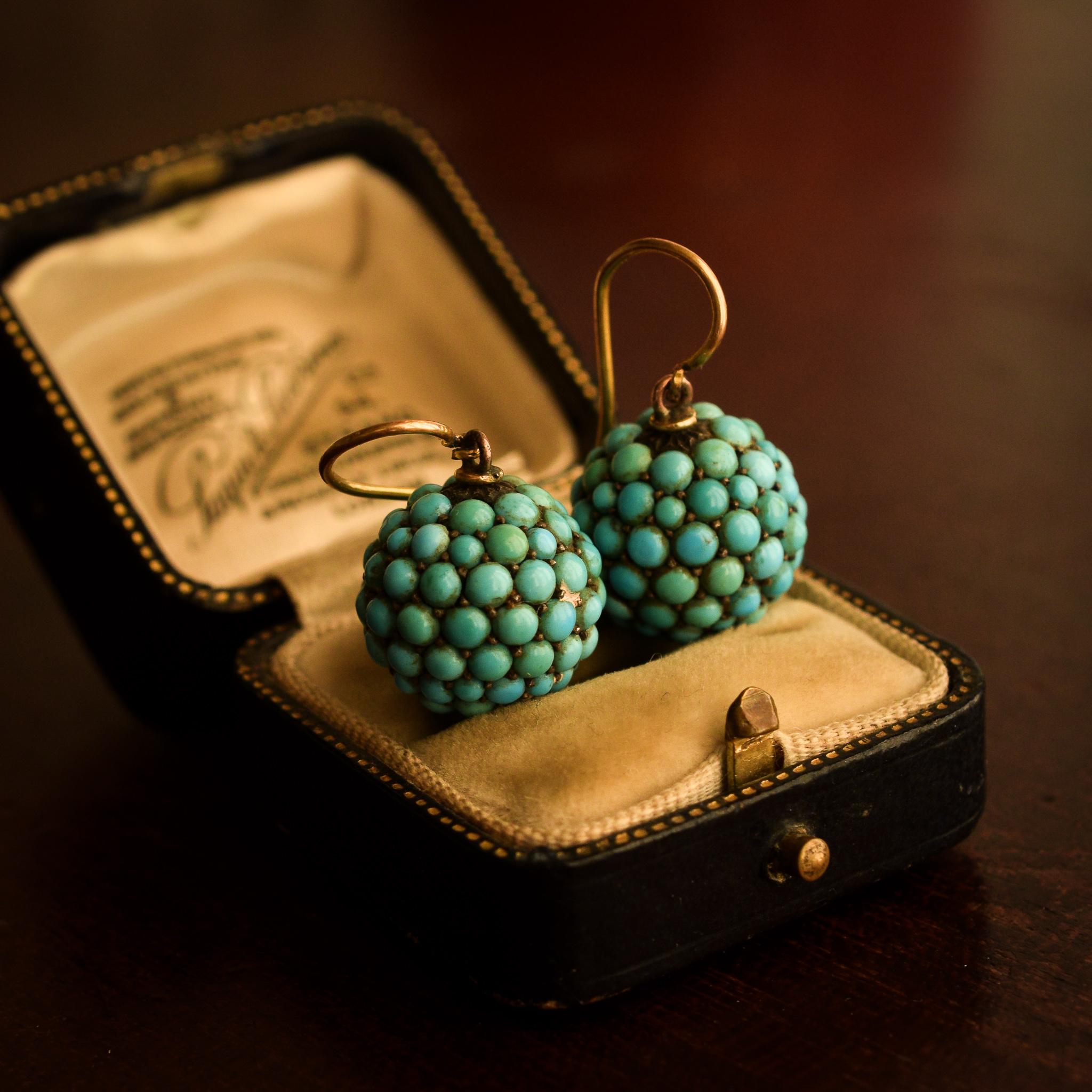 Antique Victorian Pavé Turquoise Orb Earrings In Good Condition In Sale, Cheshire