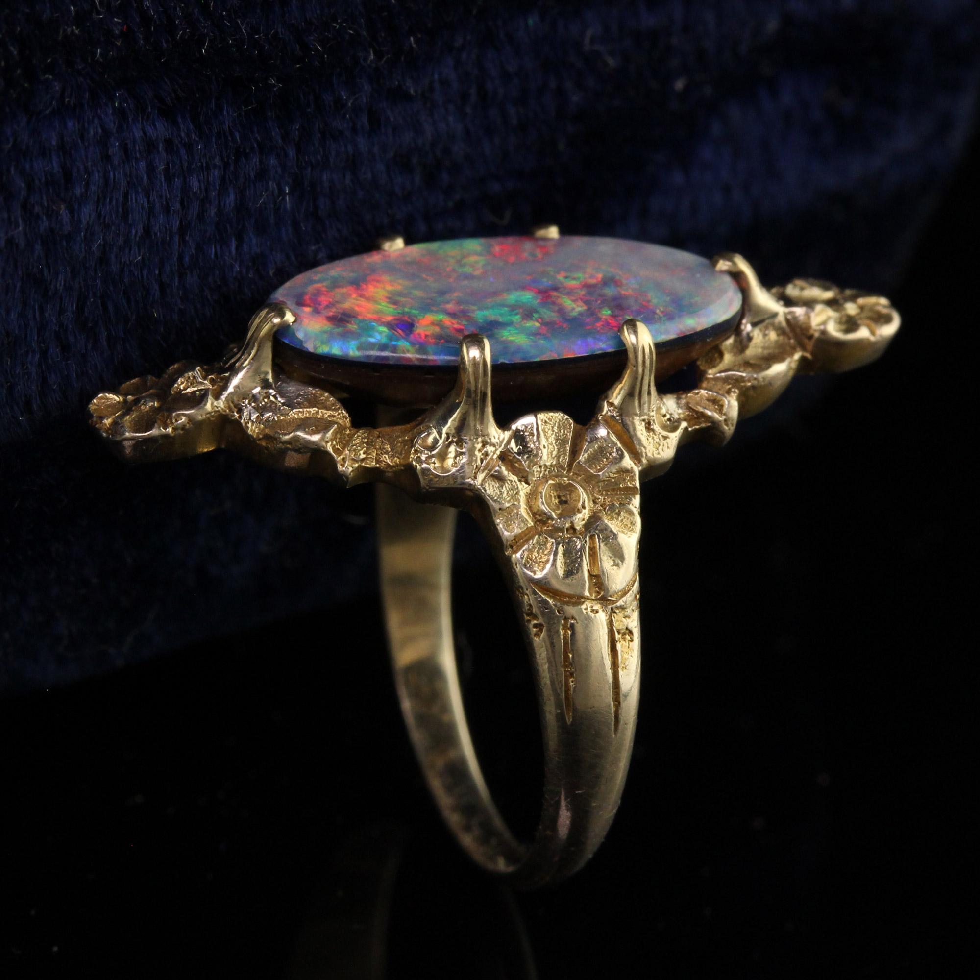 Oval Cut Antique Victorian Peacock 10K Yellow Gold Boulder Opal Floral Ring For Sale