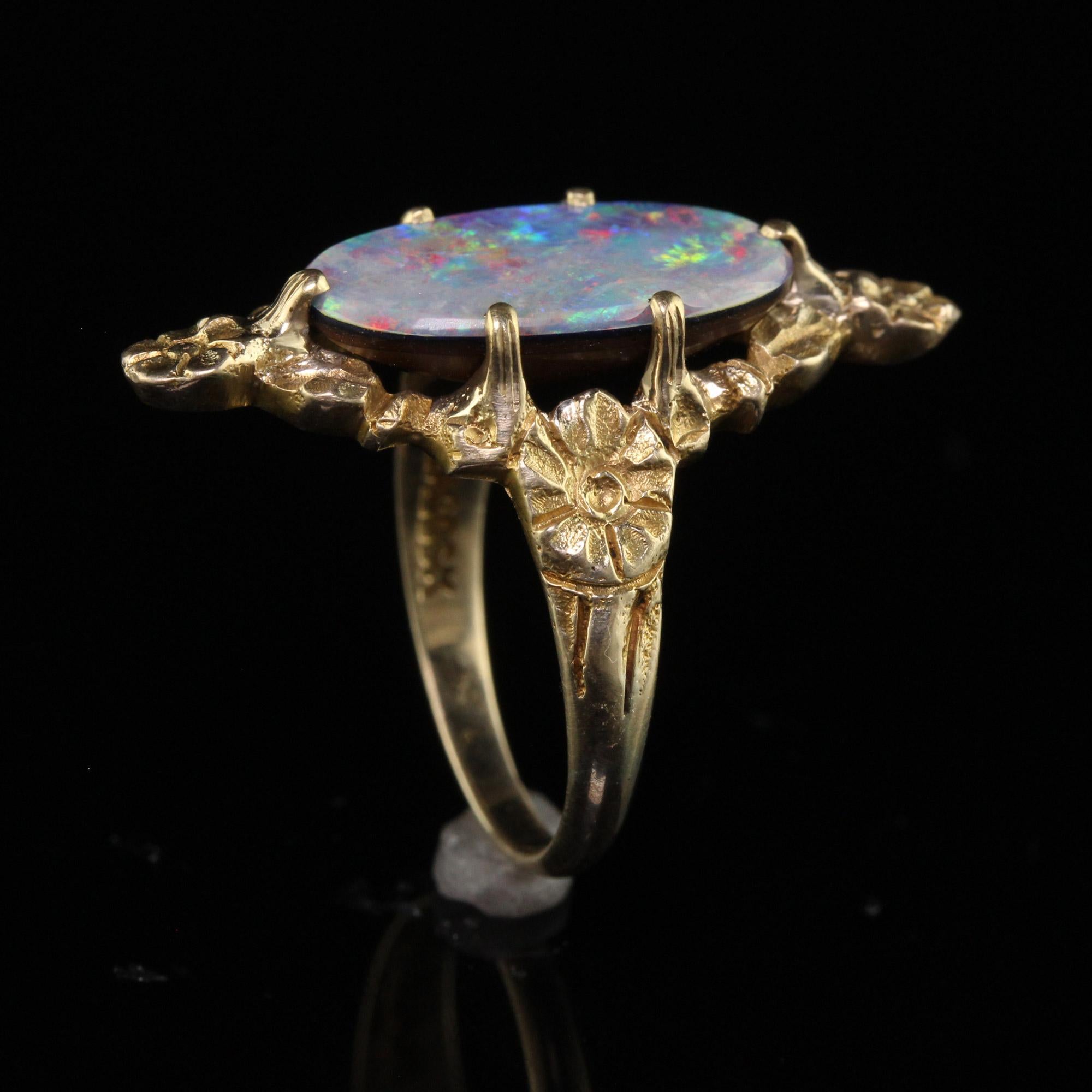 Antique Victorian Peacock 10K Yellow Gold Boulder Opal Floral Ring For Sale 1