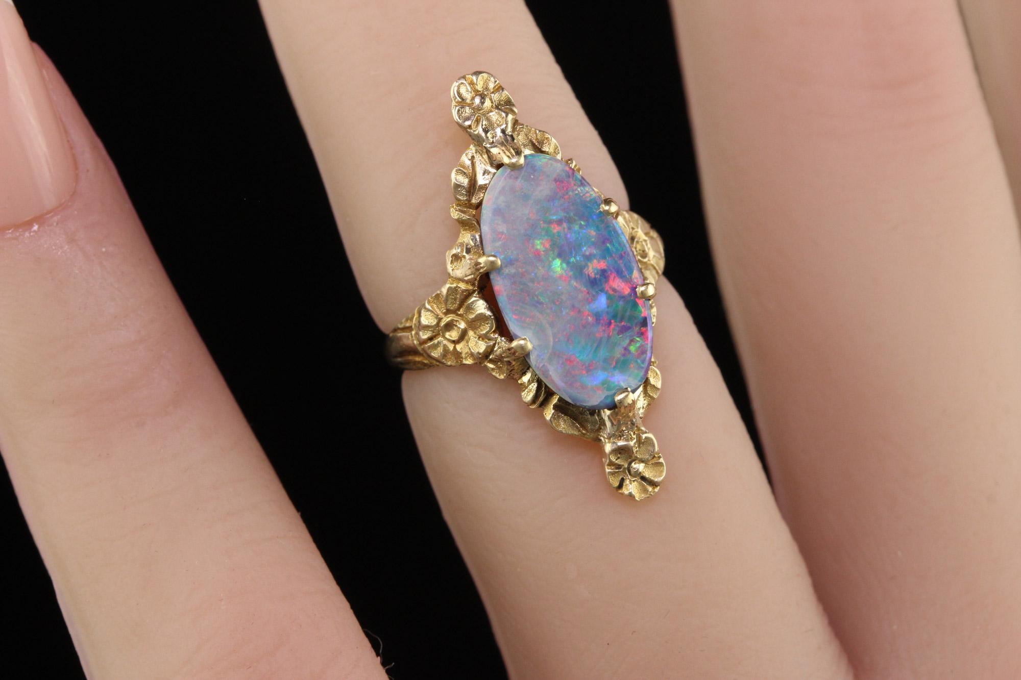 Antique Victorian Peacock 10K Yellow Gold Boulder Opal Floral Ring For Sale 2