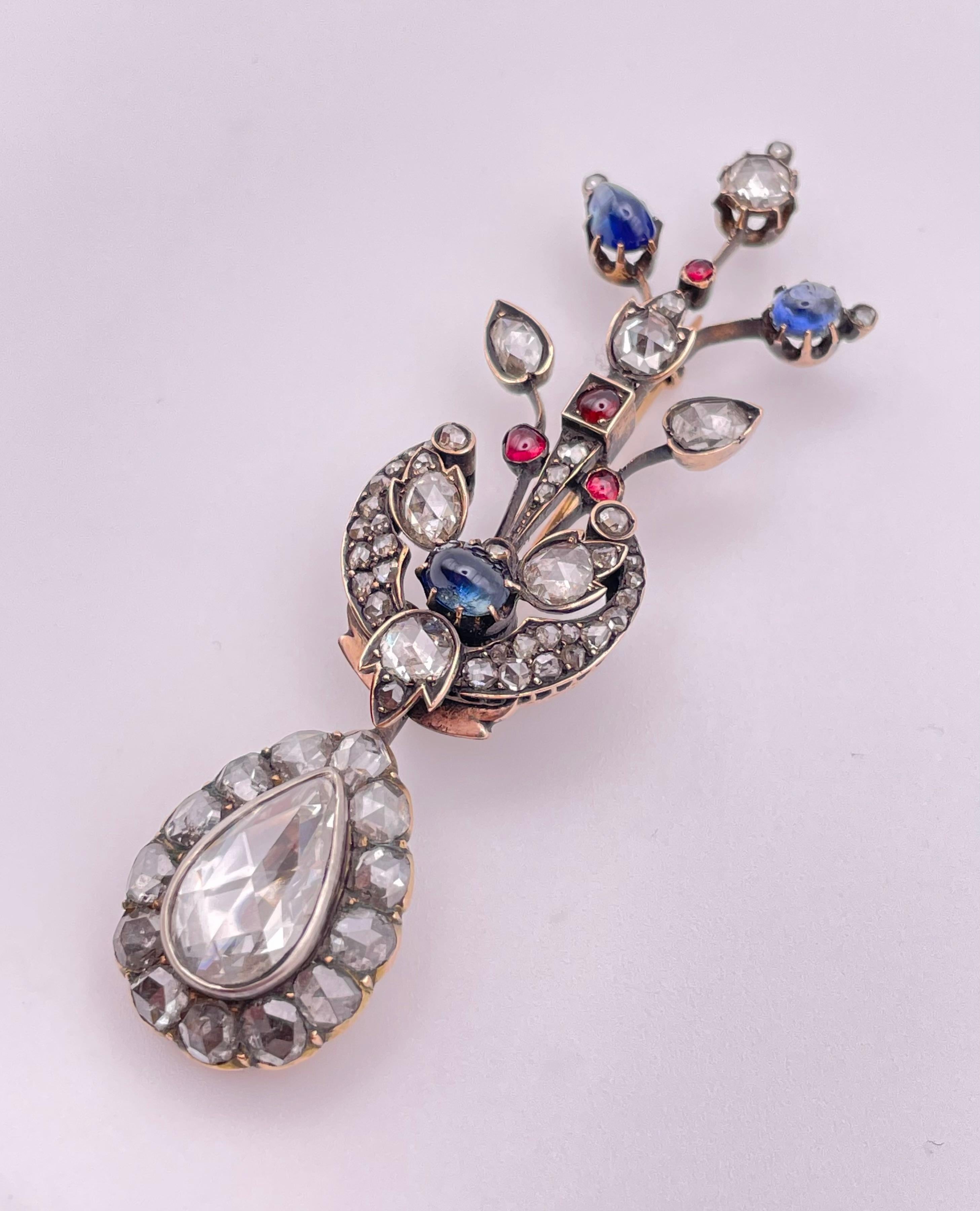 Early Victorian Antique Victorian Pear Rose Cut Diamond Brooch For Sale