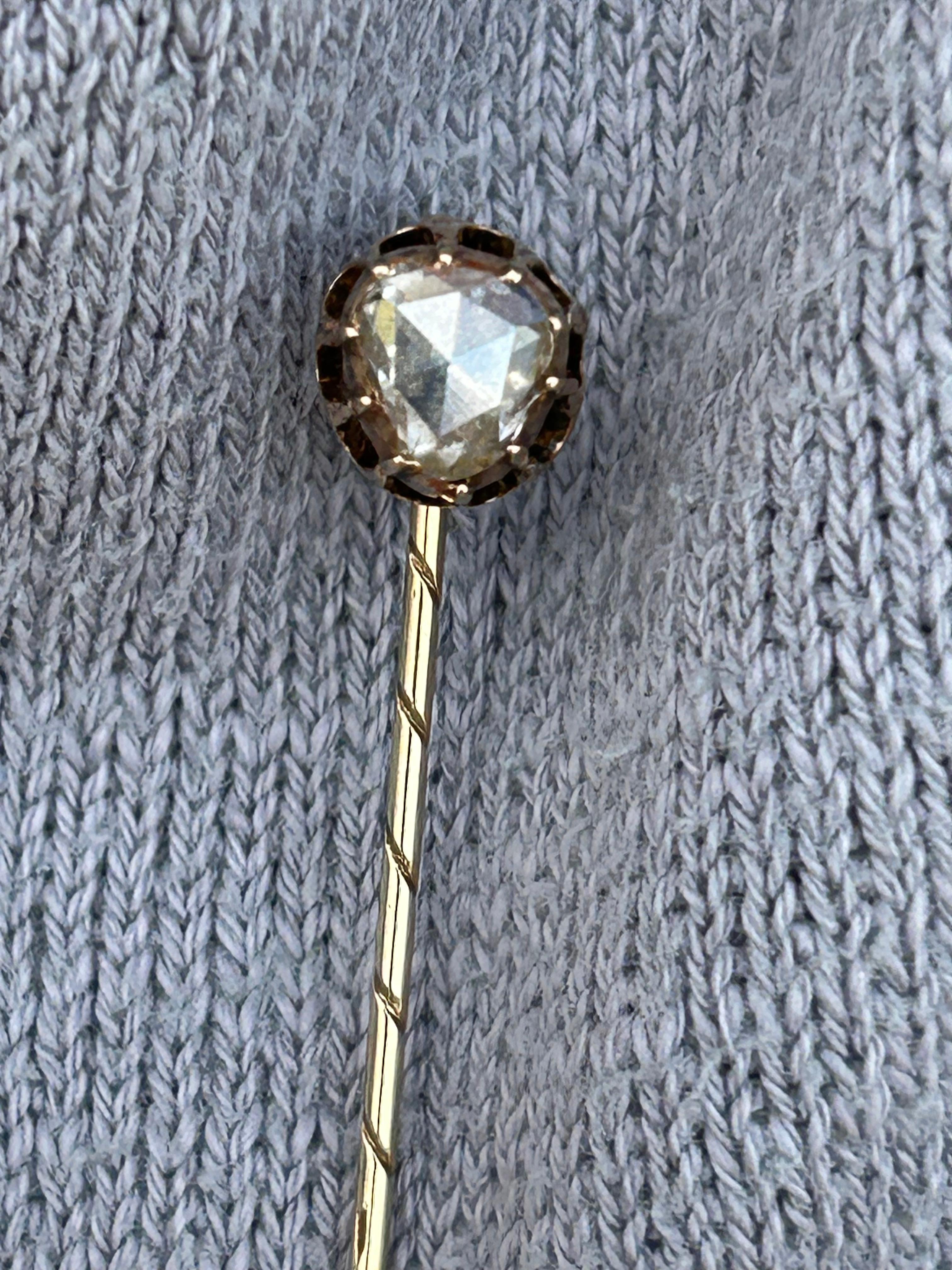Victorian Pear Rose Cut diamond stick pin.
Diamond 5.9 mm x 5.2 mm
LxW: 6.5 centimeters x .08 cm.
1.72 grams