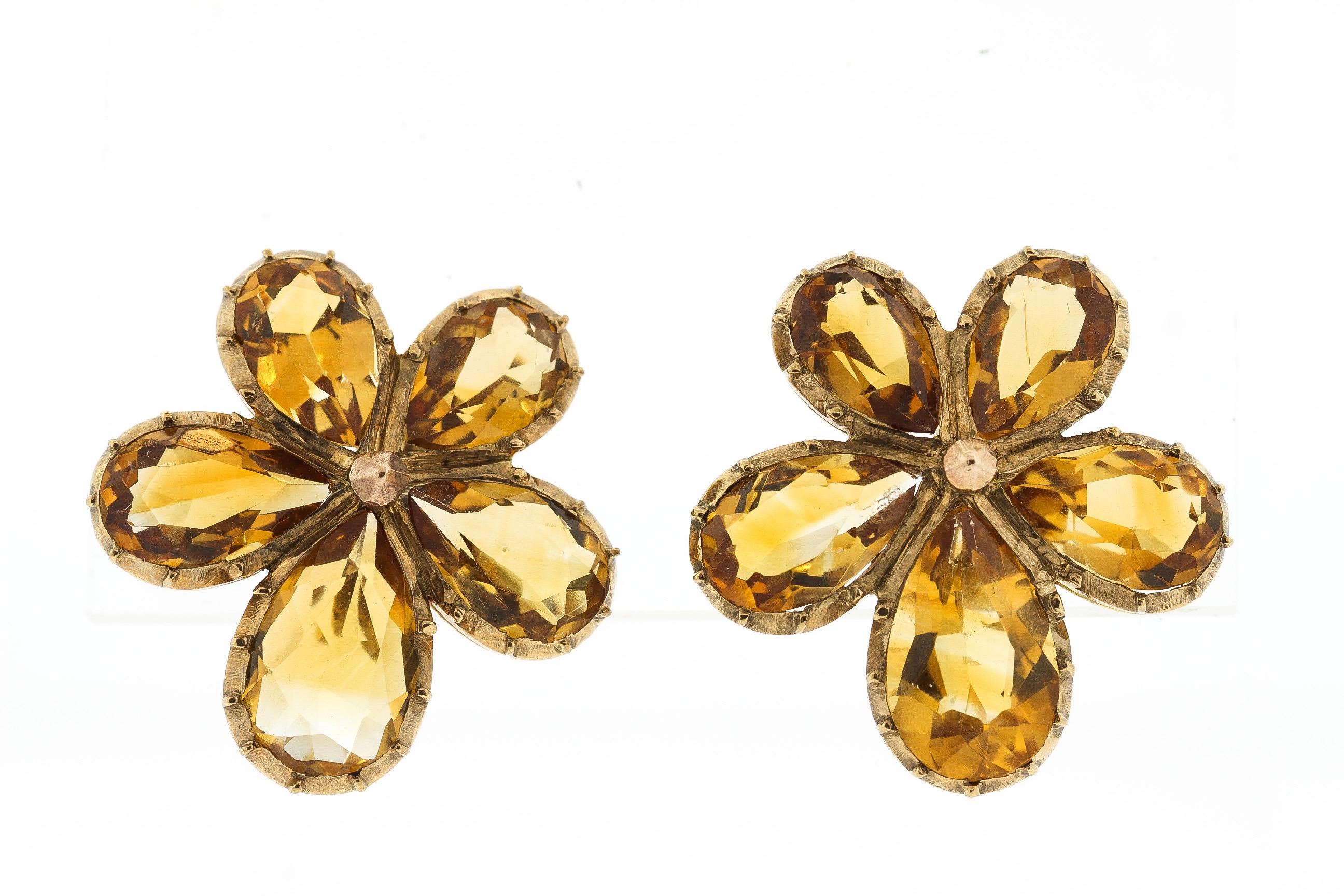 Antike viktorianische birnenförmige Citrin-Ohrringe aus 9 Karat Gold mit Stiefmütterchen (Tropfenschliff) im Angebot