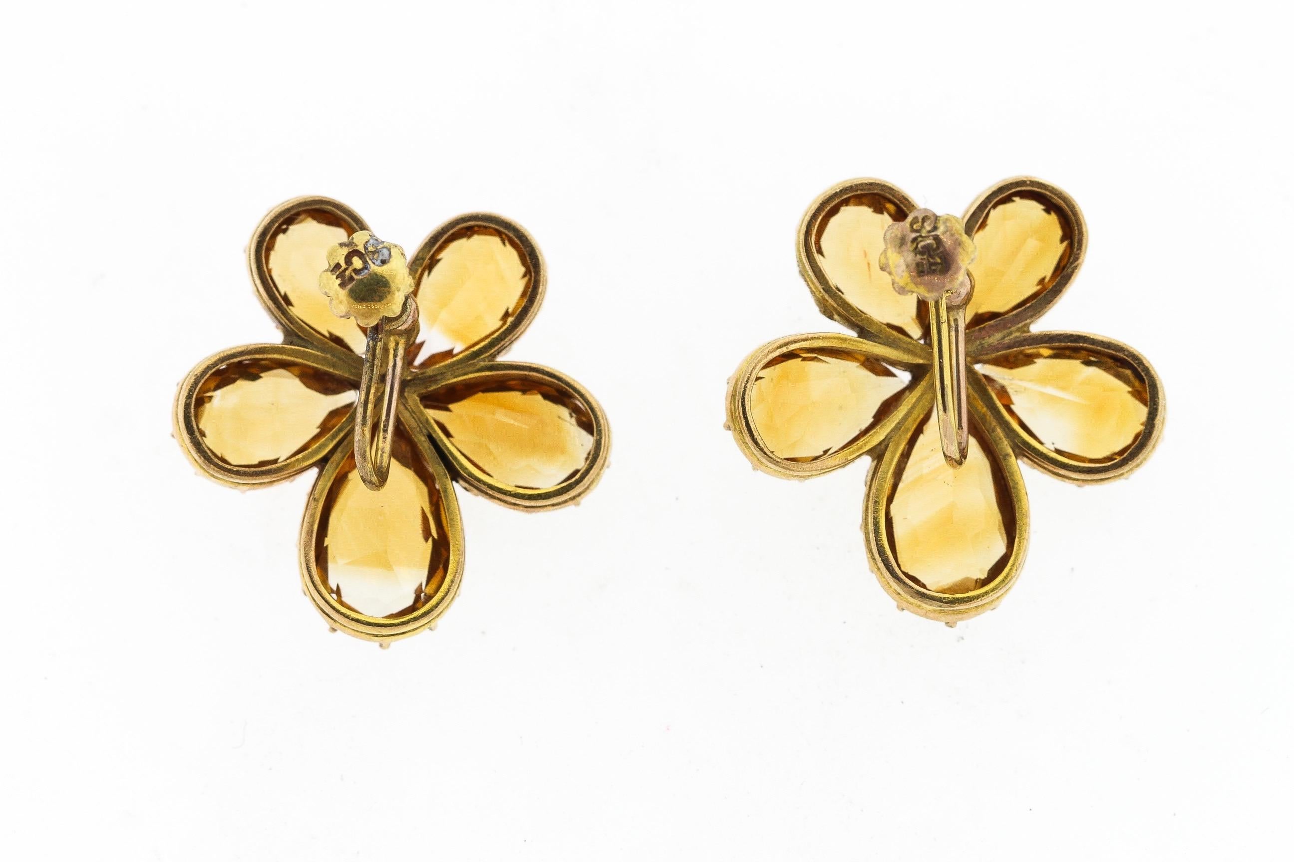 Late Victorian Antique Victorian Pear Shaped Citrine 9 Karat Gold Pansy Earrings For Sale