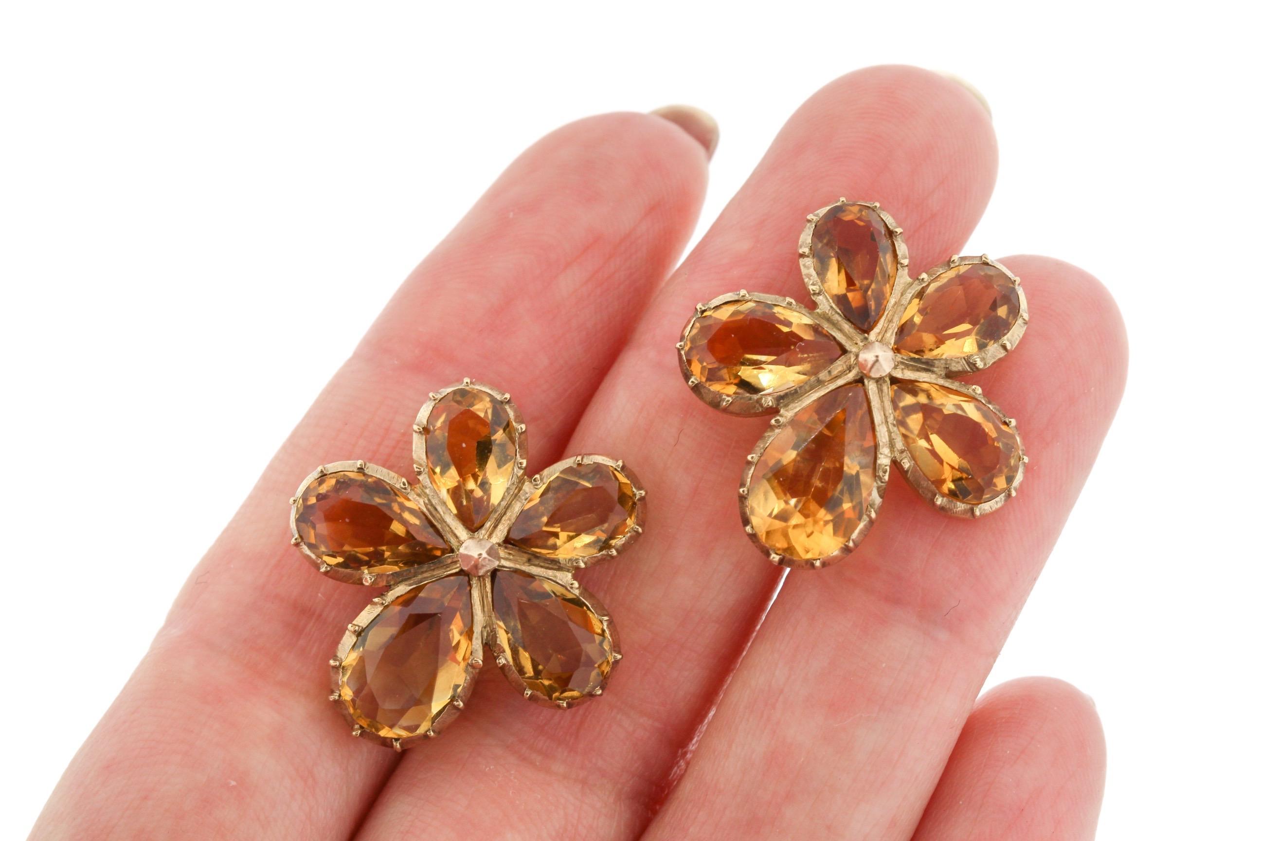Pear Cut Antique Victorian Pear Shaped Citrine 9 Karat Gold Pansy Earrings For Sale