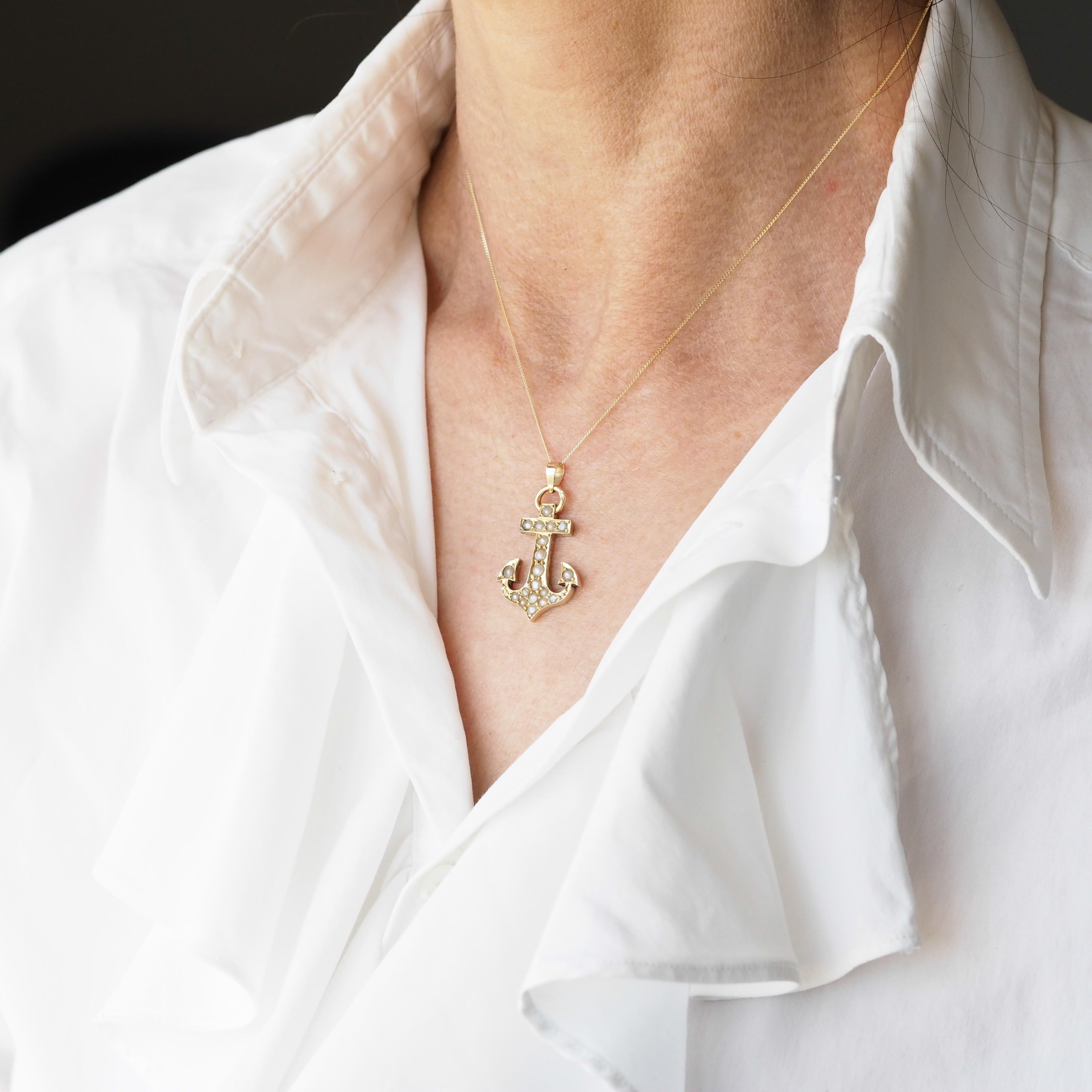 Antique Victorian Pearl Anchor Pendant Necklace 15K Gold - c.1900 For Sale 6