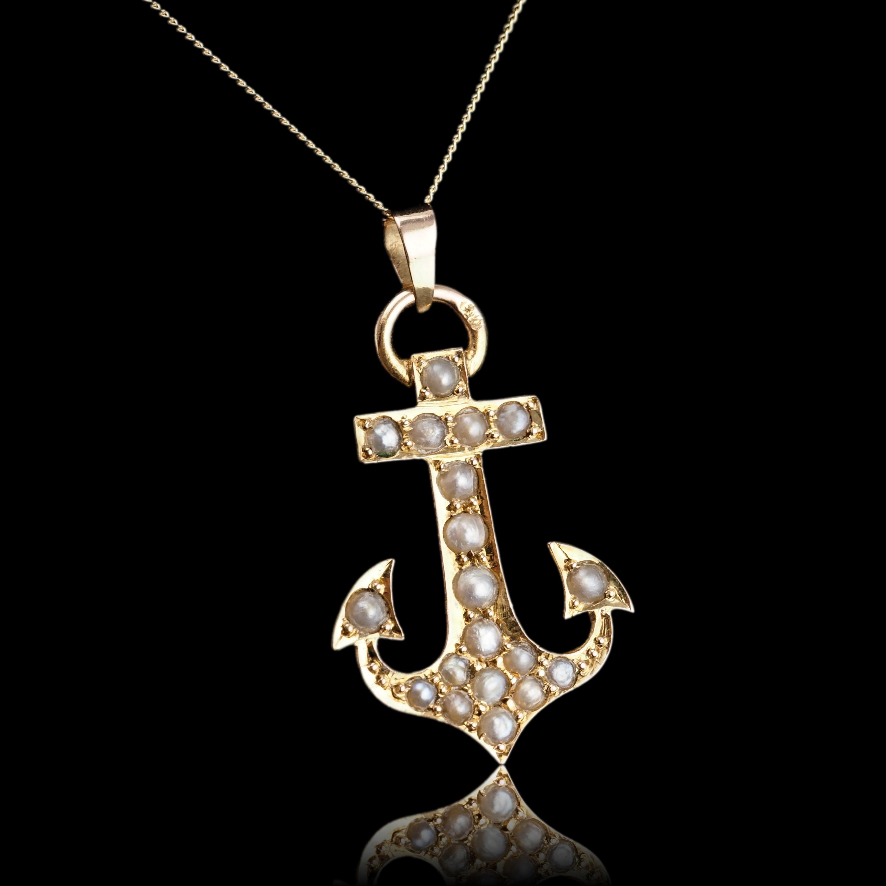 Antique Victorian Pearl Anchor Pendant Necklace 15K Gold - c.1900 For Sale 7