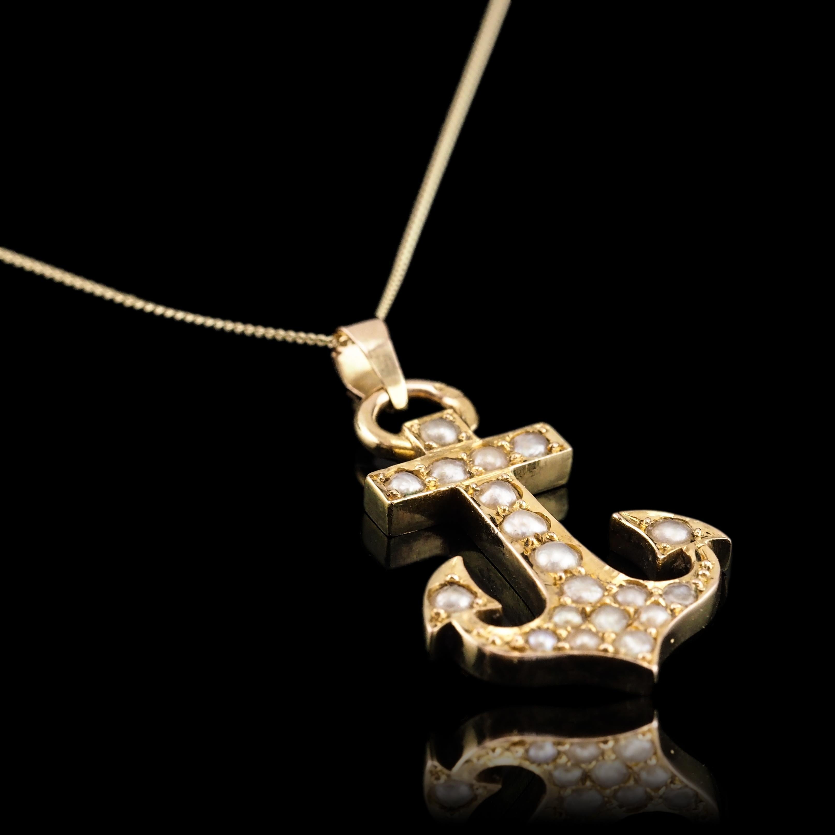 Antique Victorian Pearl Anchor Pendant Necklace 15K Gold - c.1900 For Sale 8