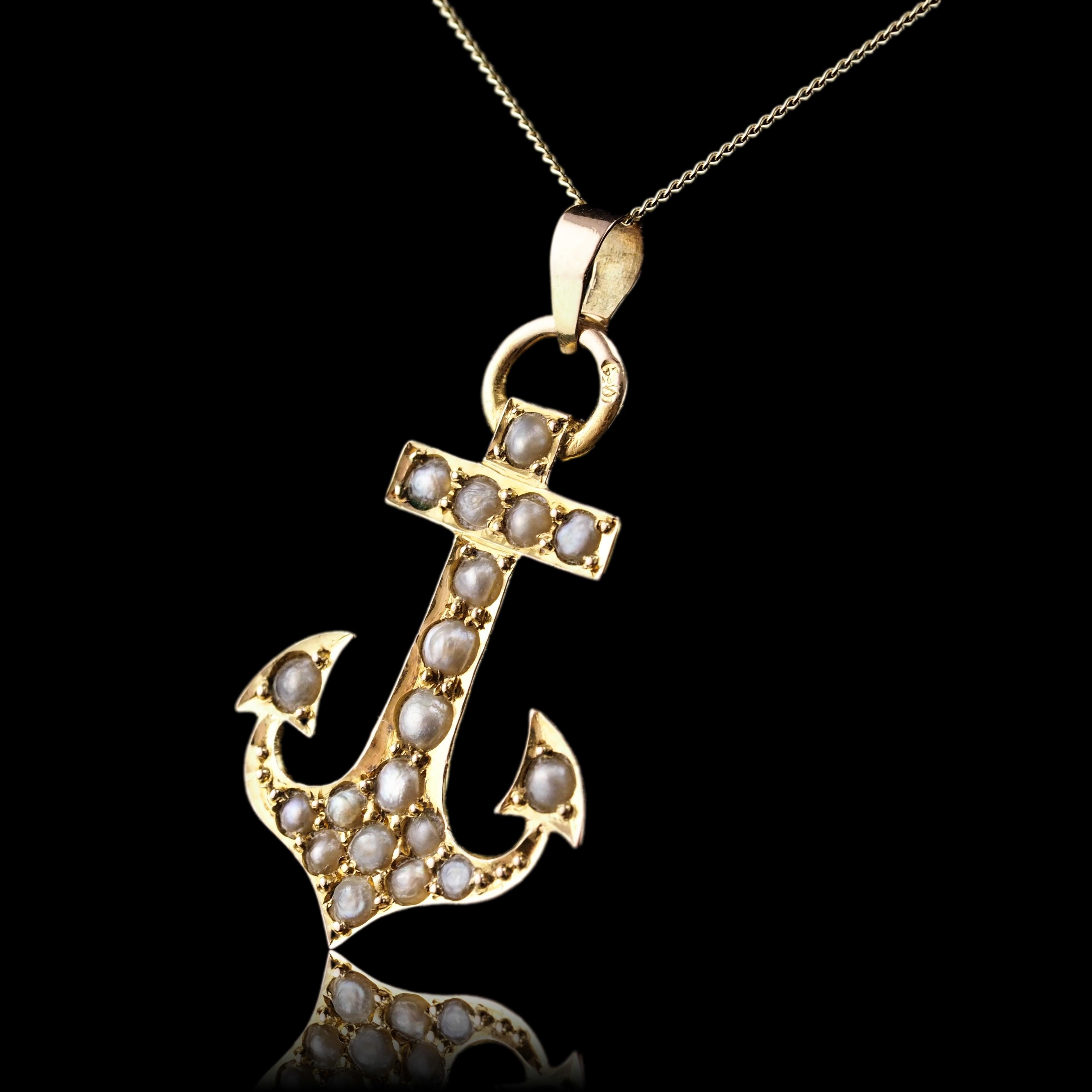 Antique Victorian Pearl Anchor Pendant Necklace 15K Gold - c.1900 For Sale 9