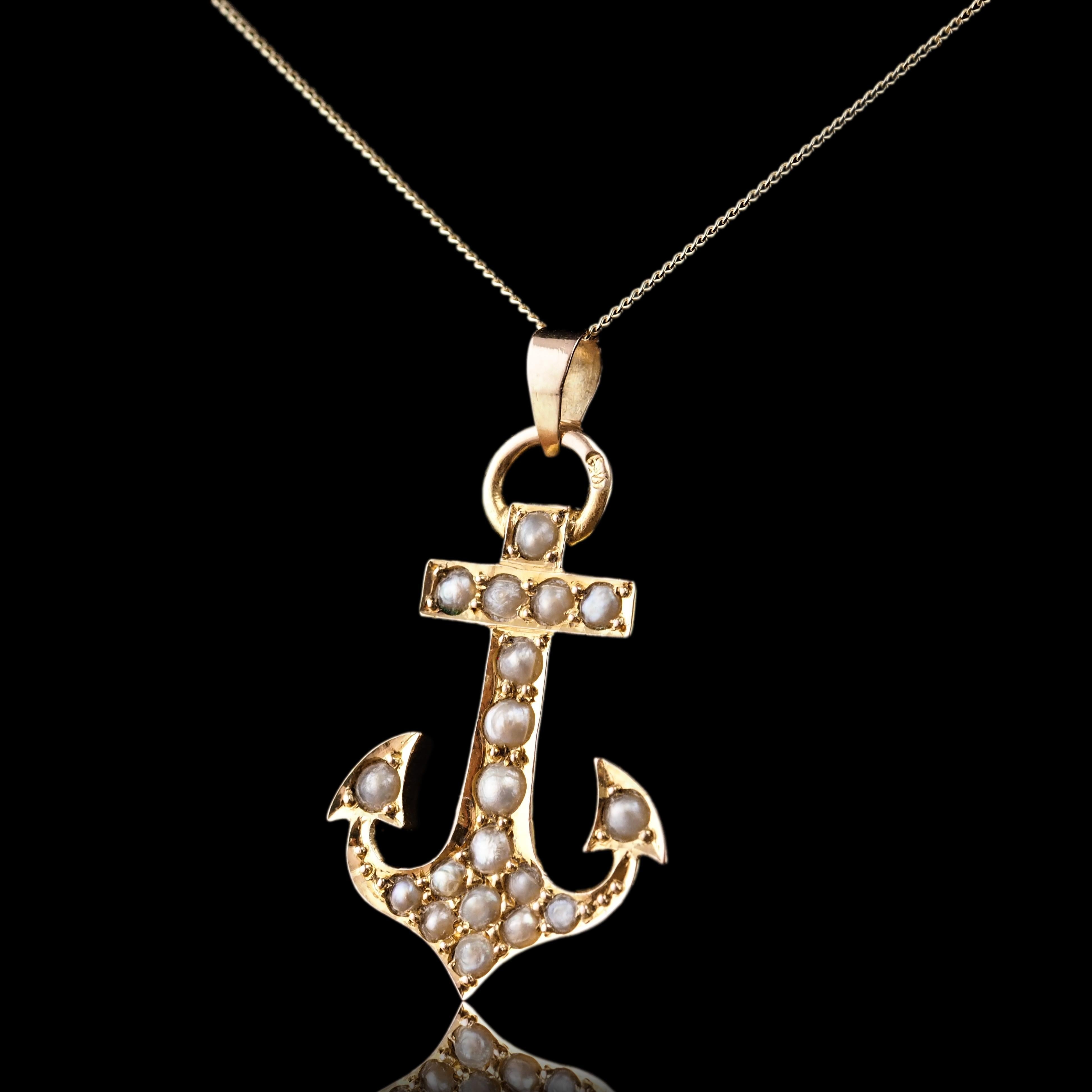 Cabochon Antique Victorian Pearl Anchor Pendant Necklace 15K Gold - c.1900 For Sale