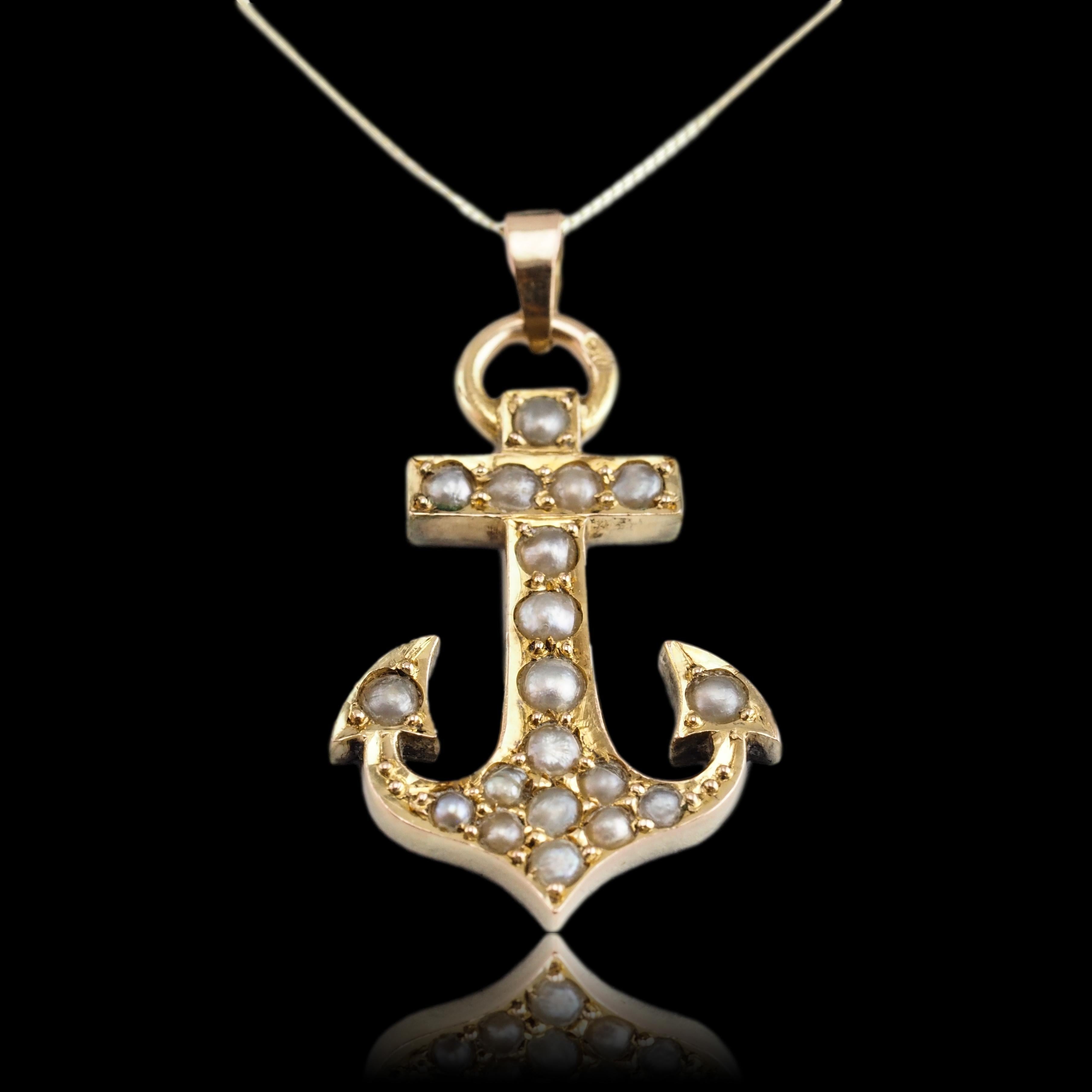 Antique Victorian Pearl Anchor Pendant Necklace 15K Gold - c.1900 For Sale 1