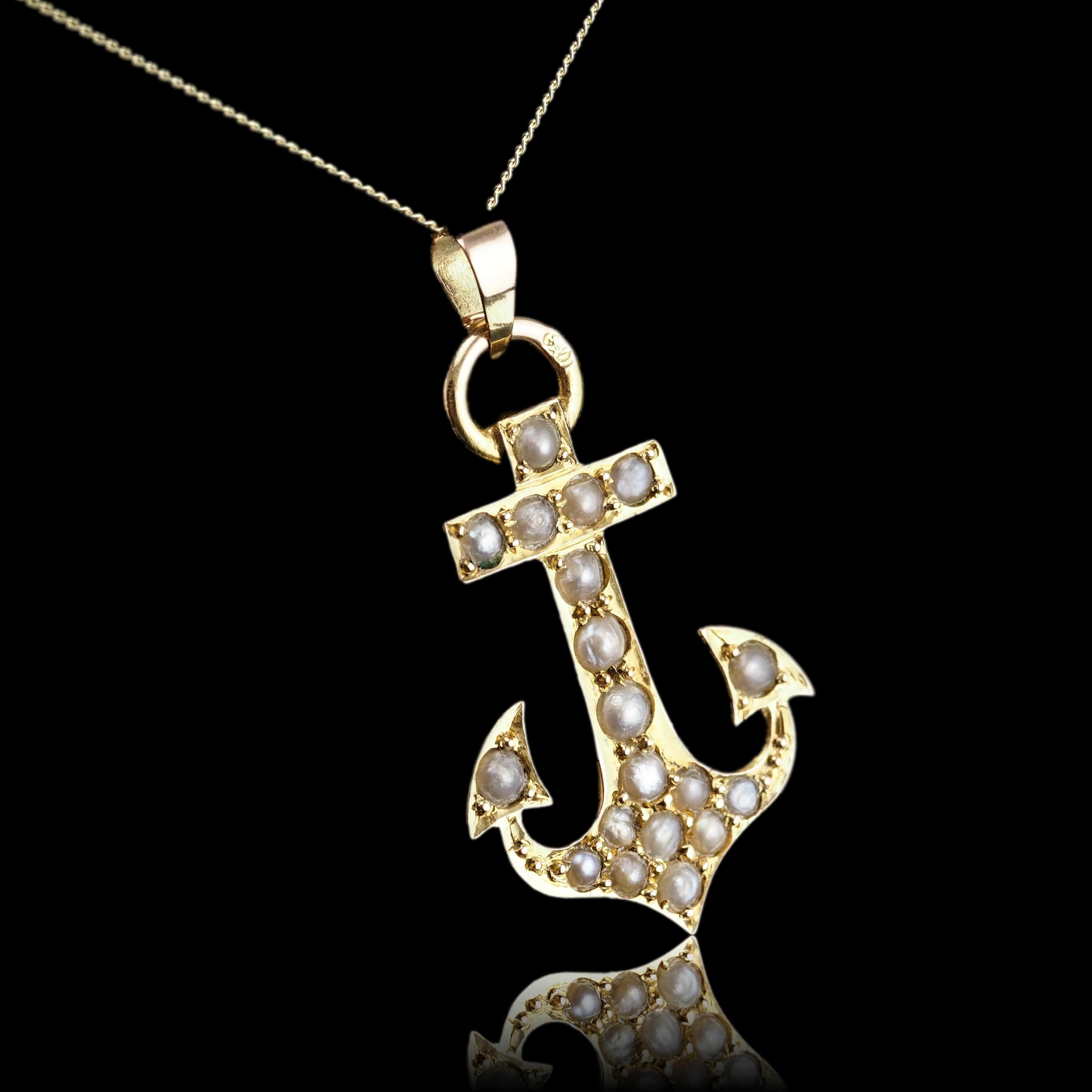 Antique Victorian Pearl Anchor Pendant Necklace 15K Gold - c.1900 For Sale 3