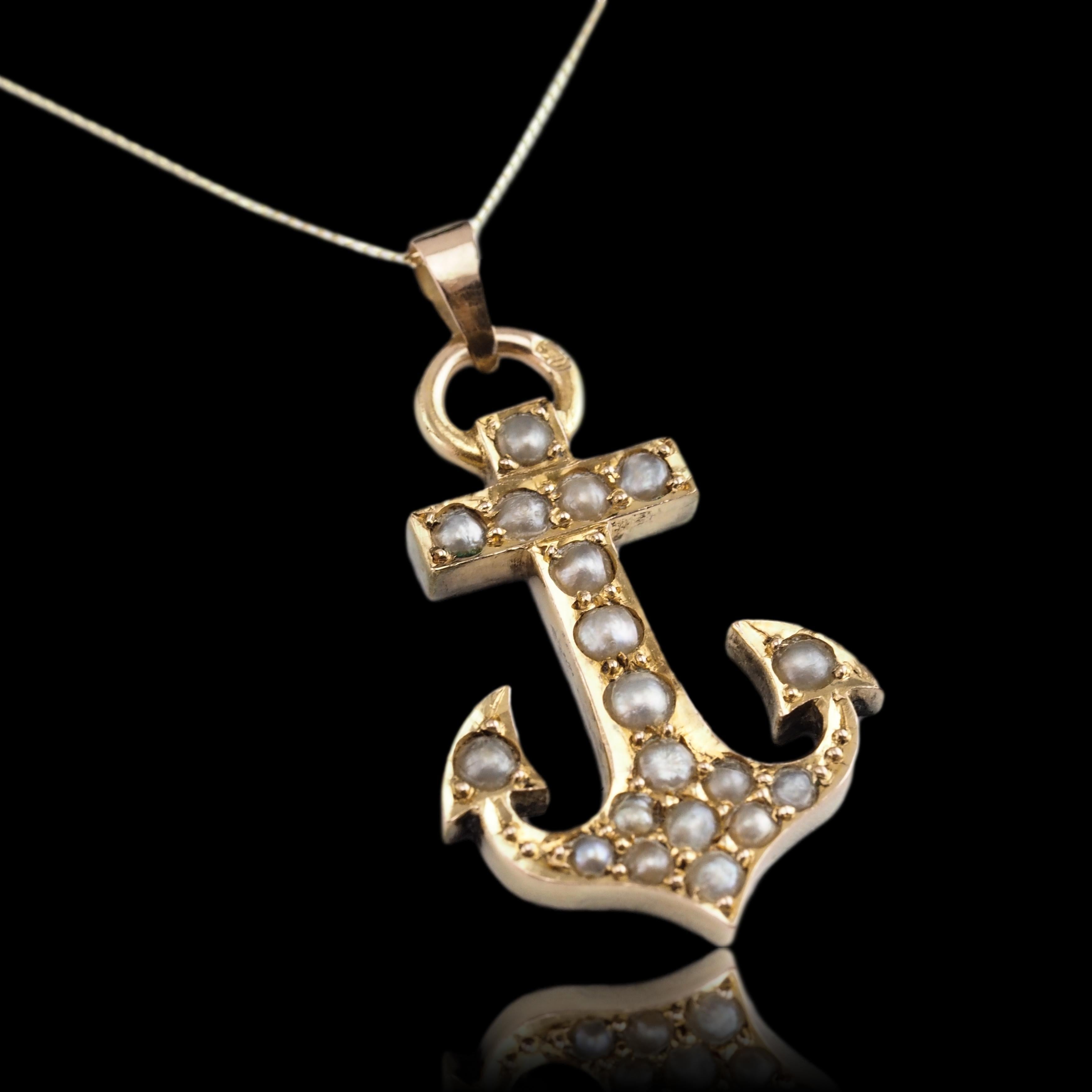 Antique Victorian Pearl Anchor Pendant Necklace 15K Gold - c.1900 For Sale 4