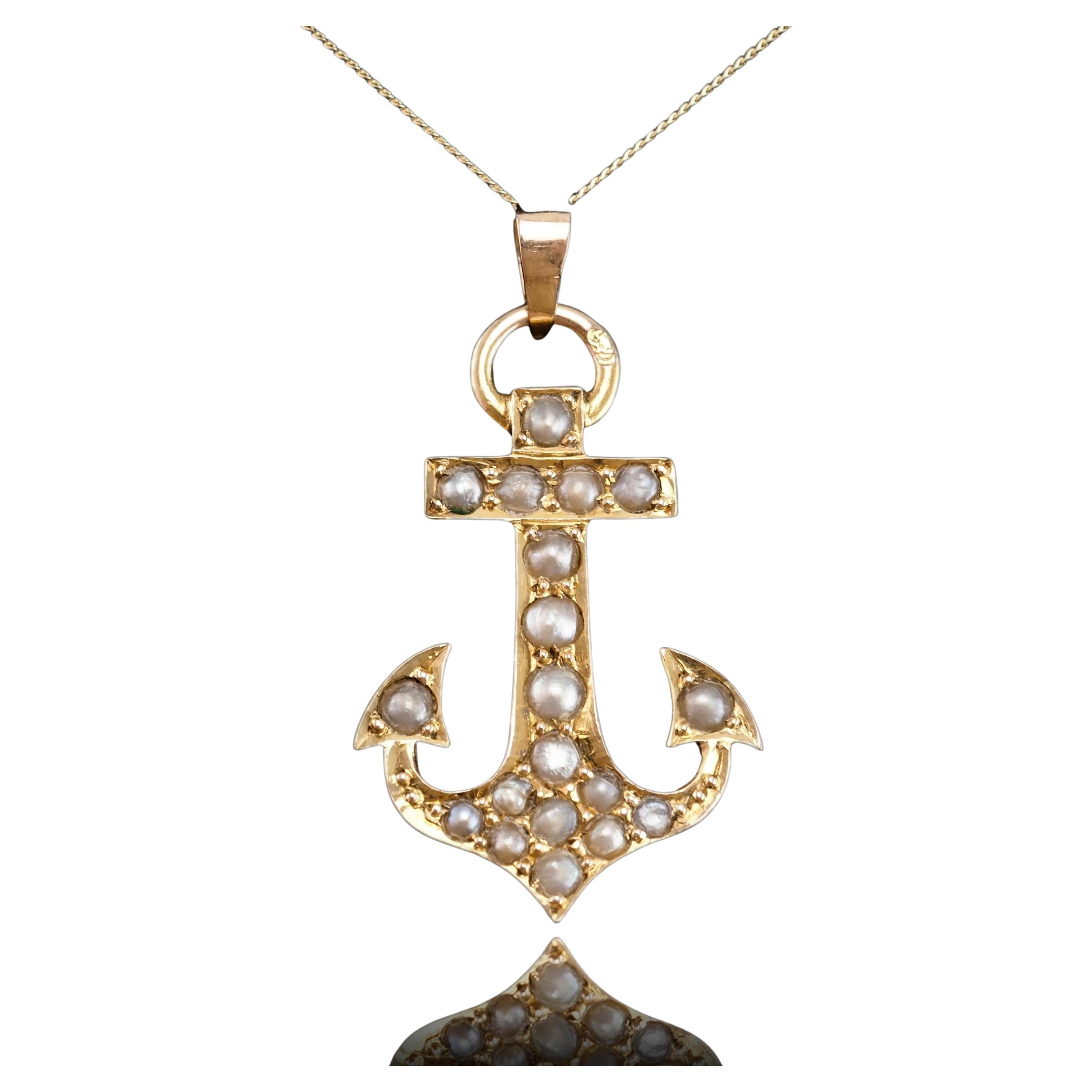 Antique Victorian Pearl Anchor Pendant Necklace 15K Gold - c.1900